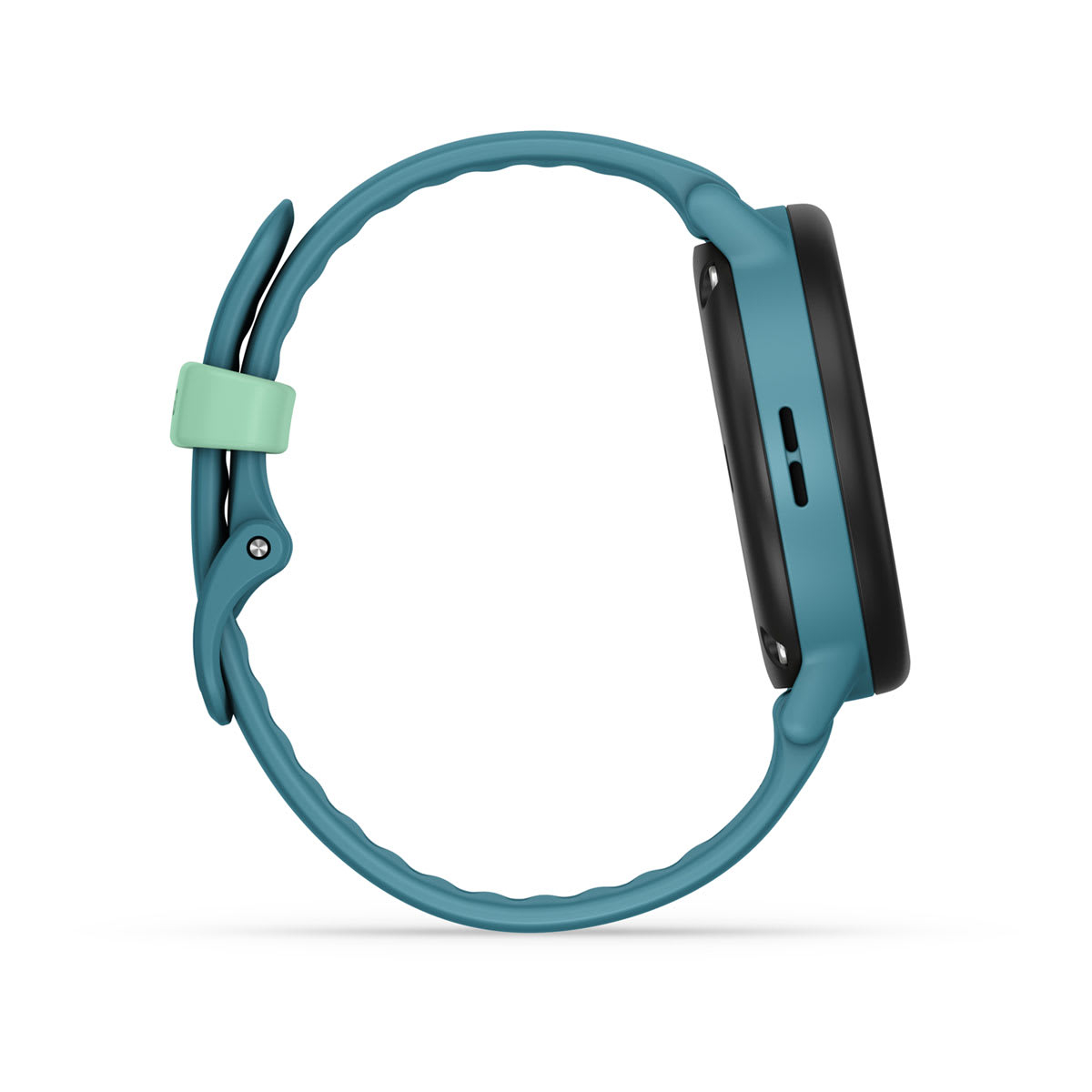 Ein blauer Smartwatch-Armband mit einem mintgrünen Riemenhalter, auf weißem Hintergrund.