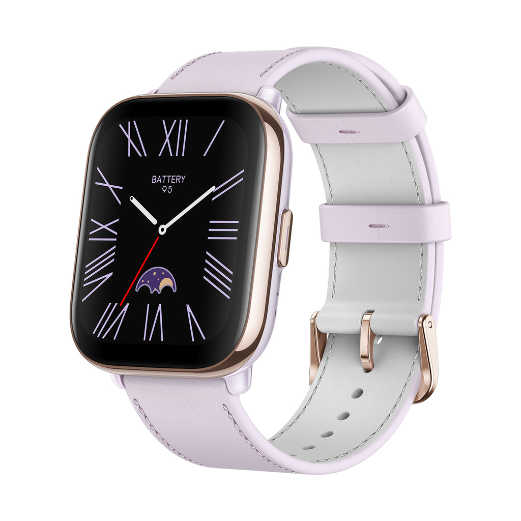 Ein lila Smartwatch mit römischen Ziffern und Mondphasenanzeige.