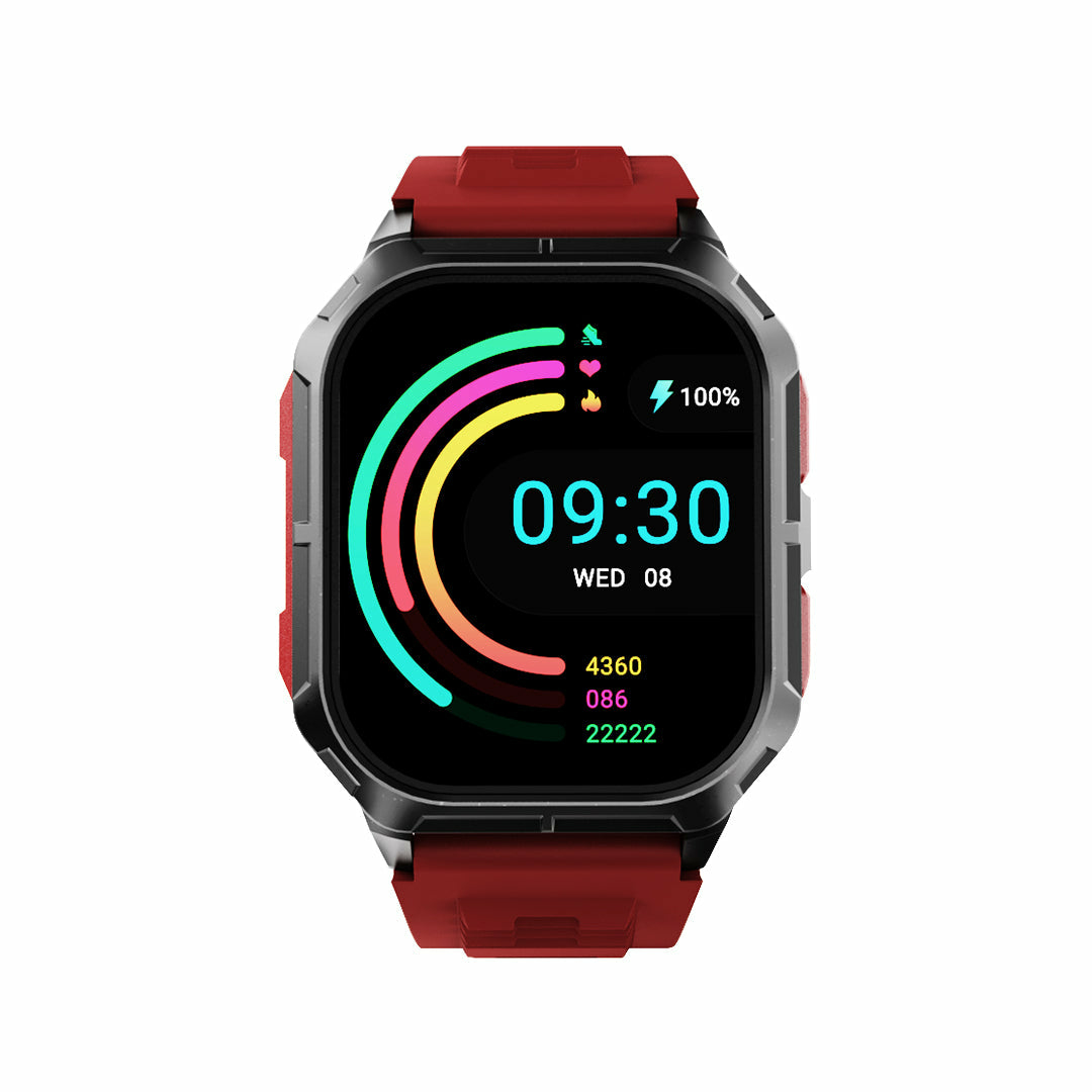 A smartwatch with a red band displays 9:30, with 100% battery.