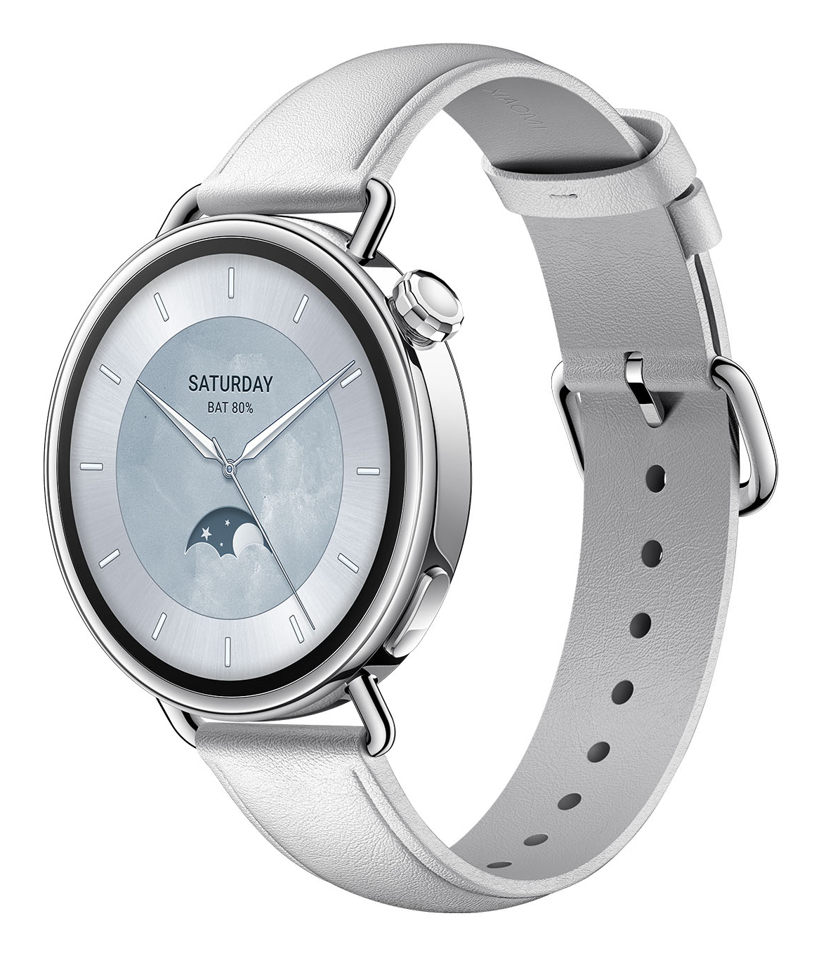 Biały smartwatch z srebrną kopertą i tarczą faz księżyca.