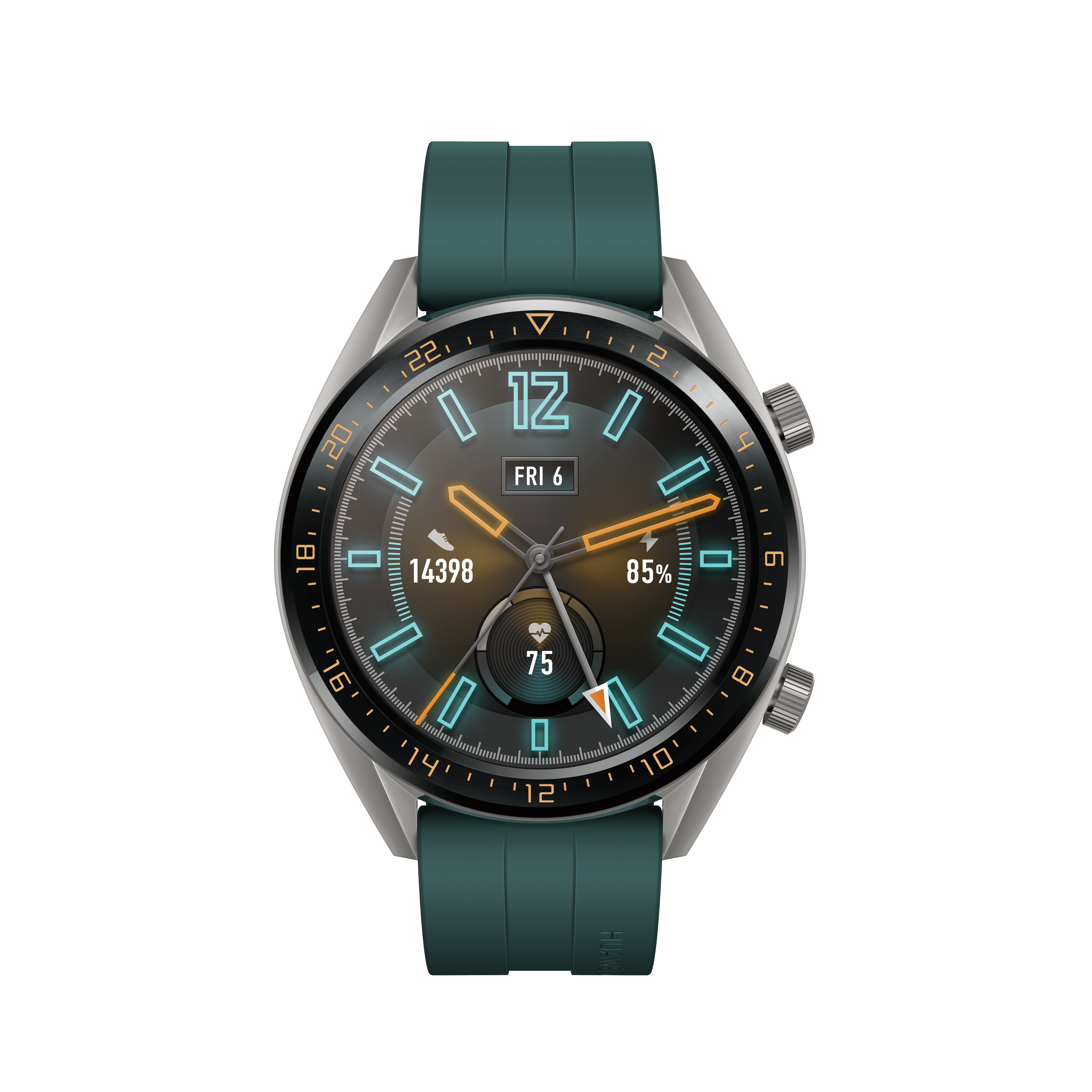 Un reloj inteligente con correa verde y esfera oscura. Muestra las 12, viernes 6, 14398 pasos, 85% batería.