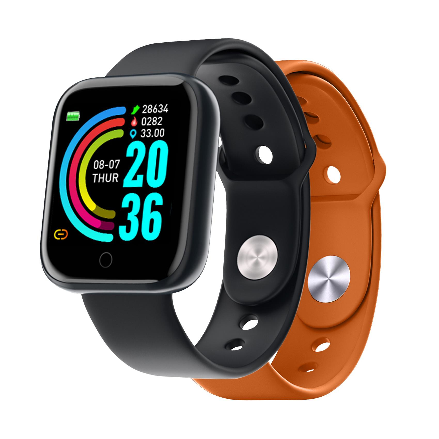 Un cinturino per smartwatch nero e uno arancione uno accanto all'altro.