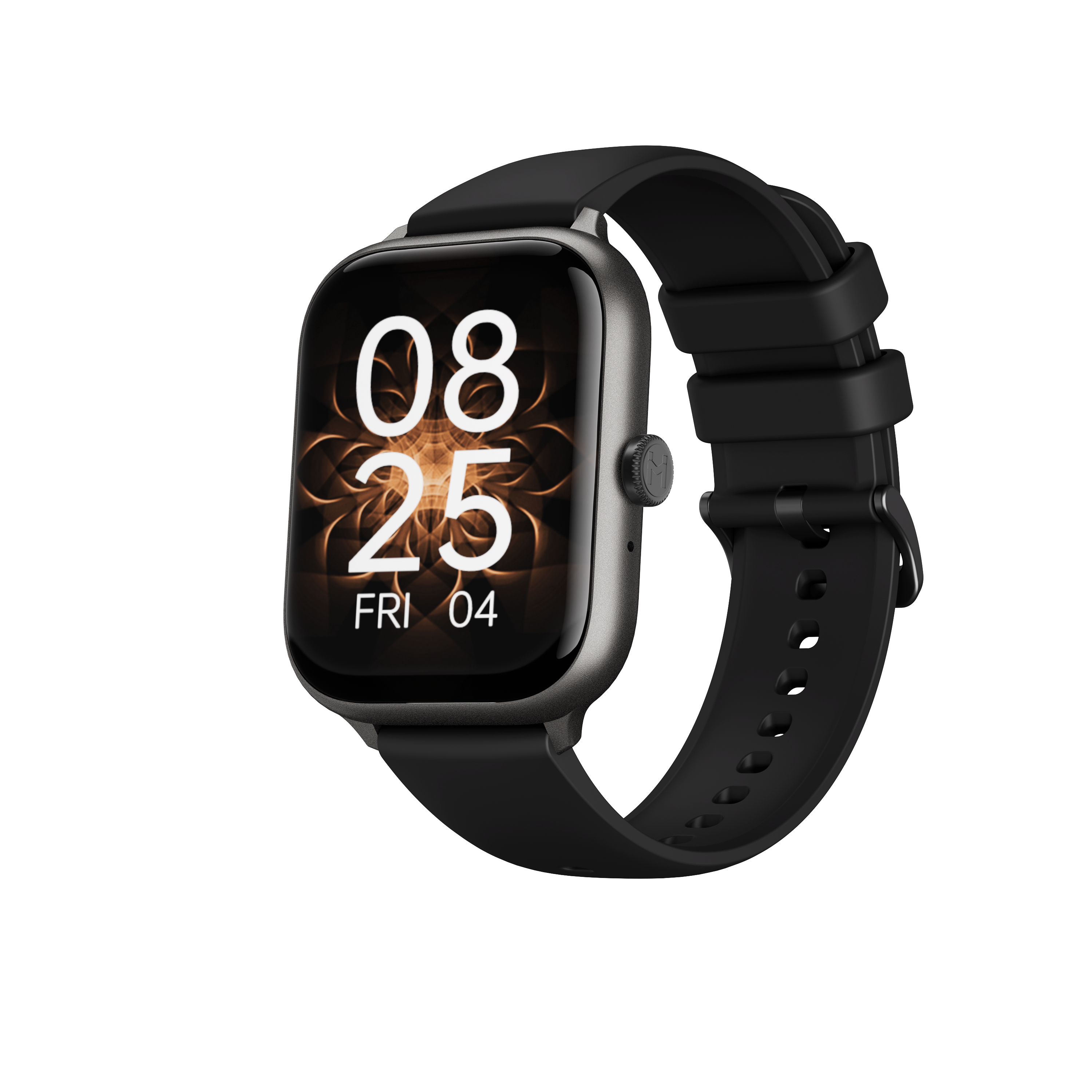 Uno smartwatch grigio con cinturino nero, mostra le 08:25.