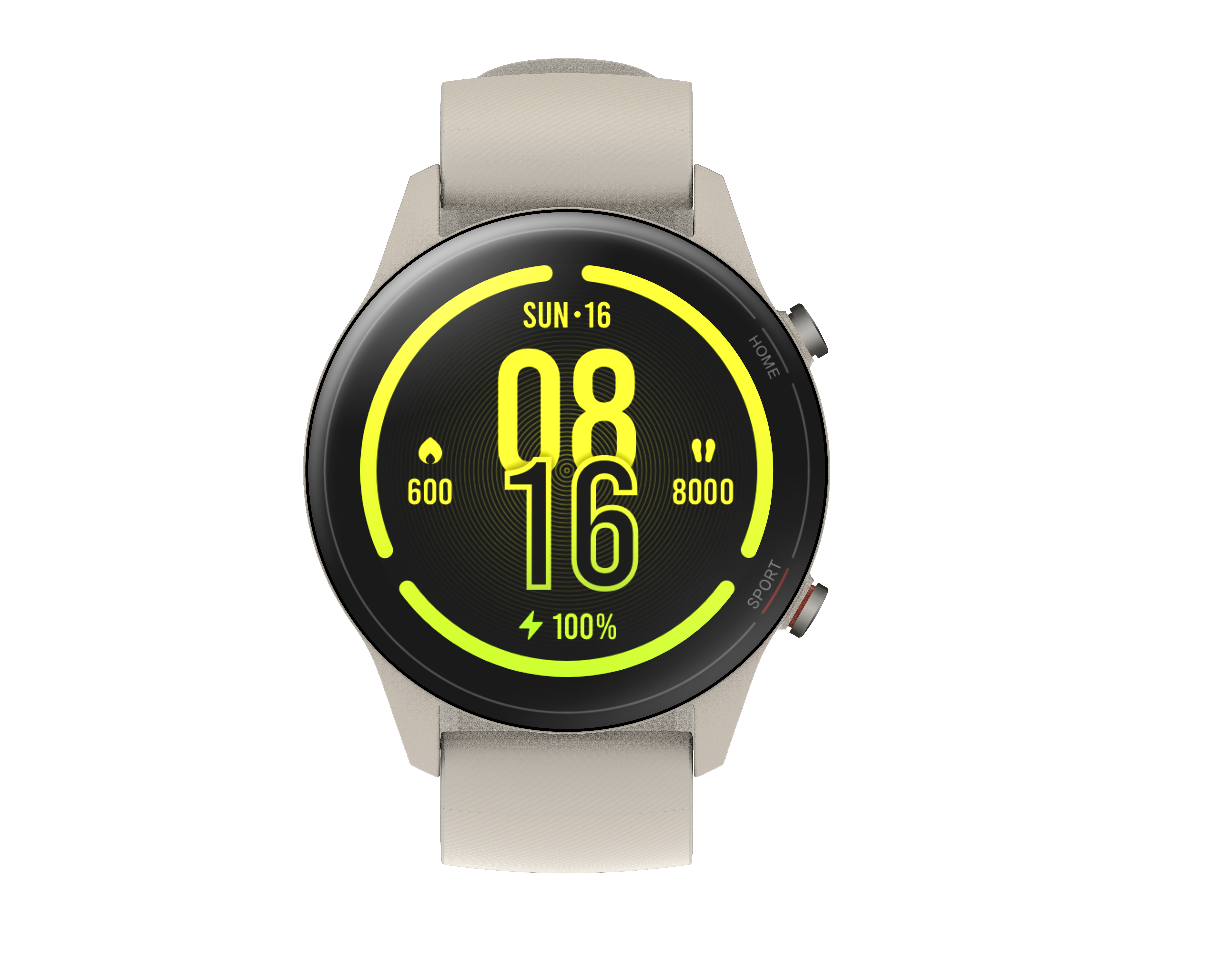 Eine helle Smartwatch mit einem runden Display, das Uhrzeit, Datum und Akku anzeigt.