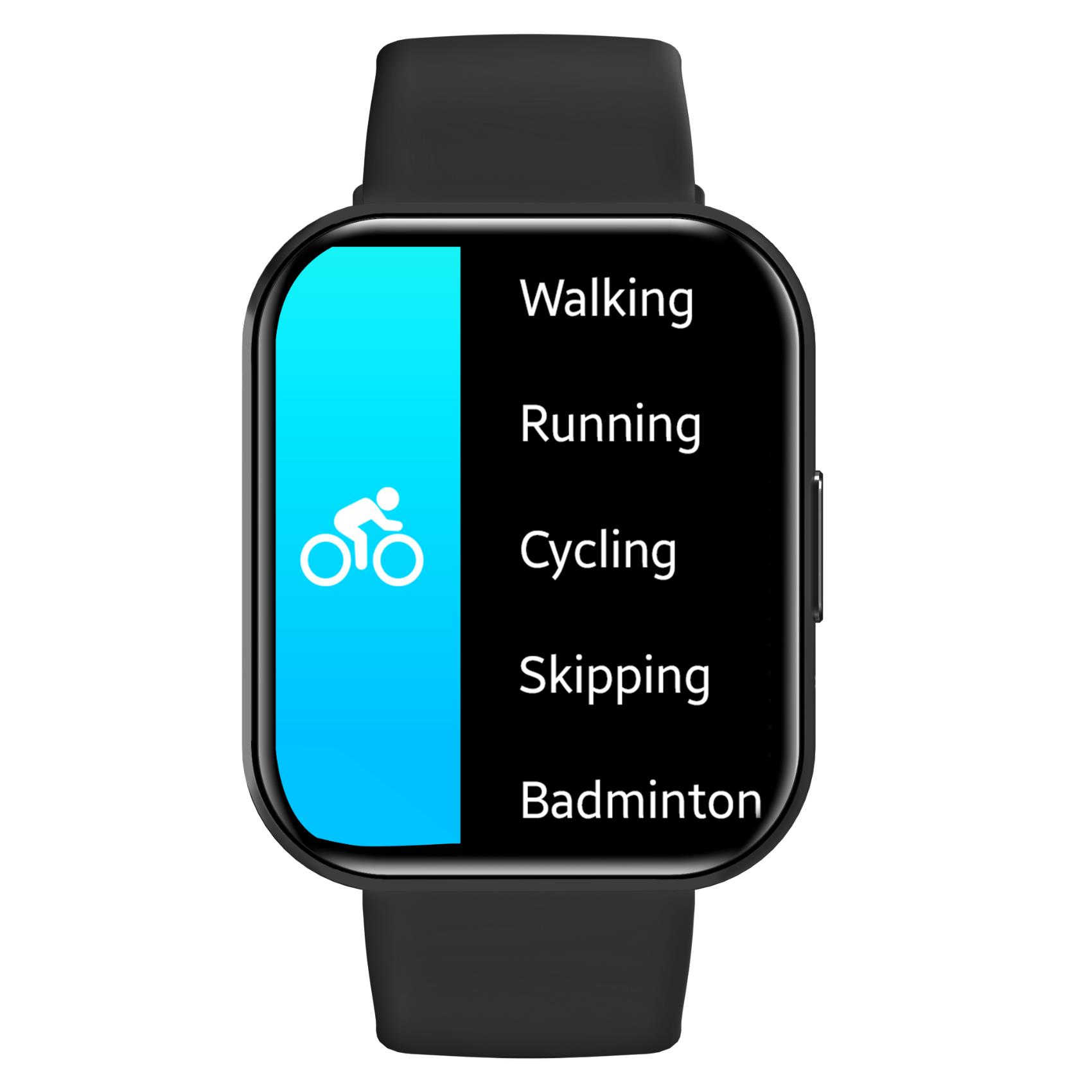 Un reloj inteligente negro muestra un menú de deportes: Caminar, Correr, Ciclismo, Saltar.