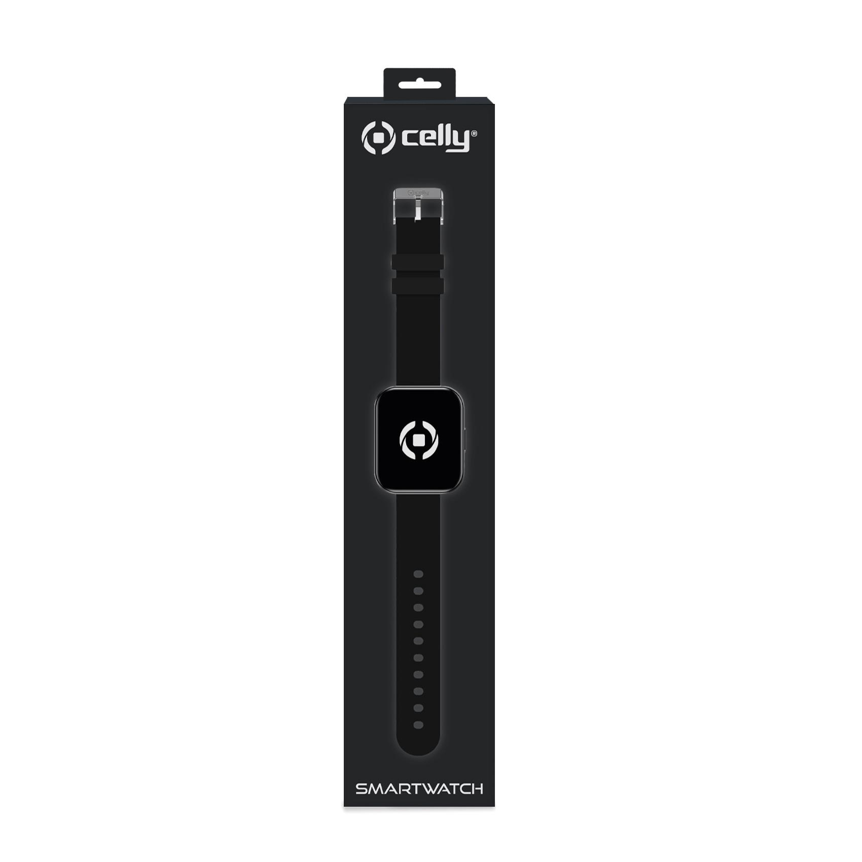 Correa de smartwatch negra con hebilla plateada y logo en empaque negro.