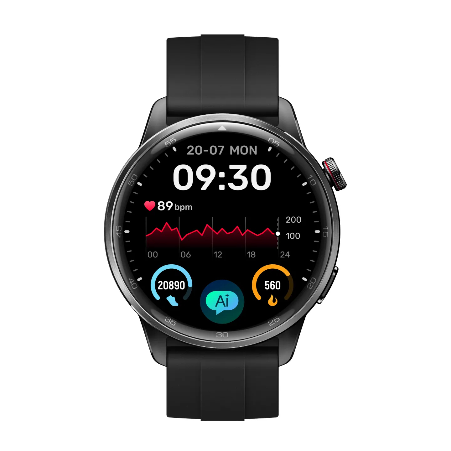 Czarny smartwatch wyświetla 09:30, 89 bpm, 20890 kroków i 560 kalorii.