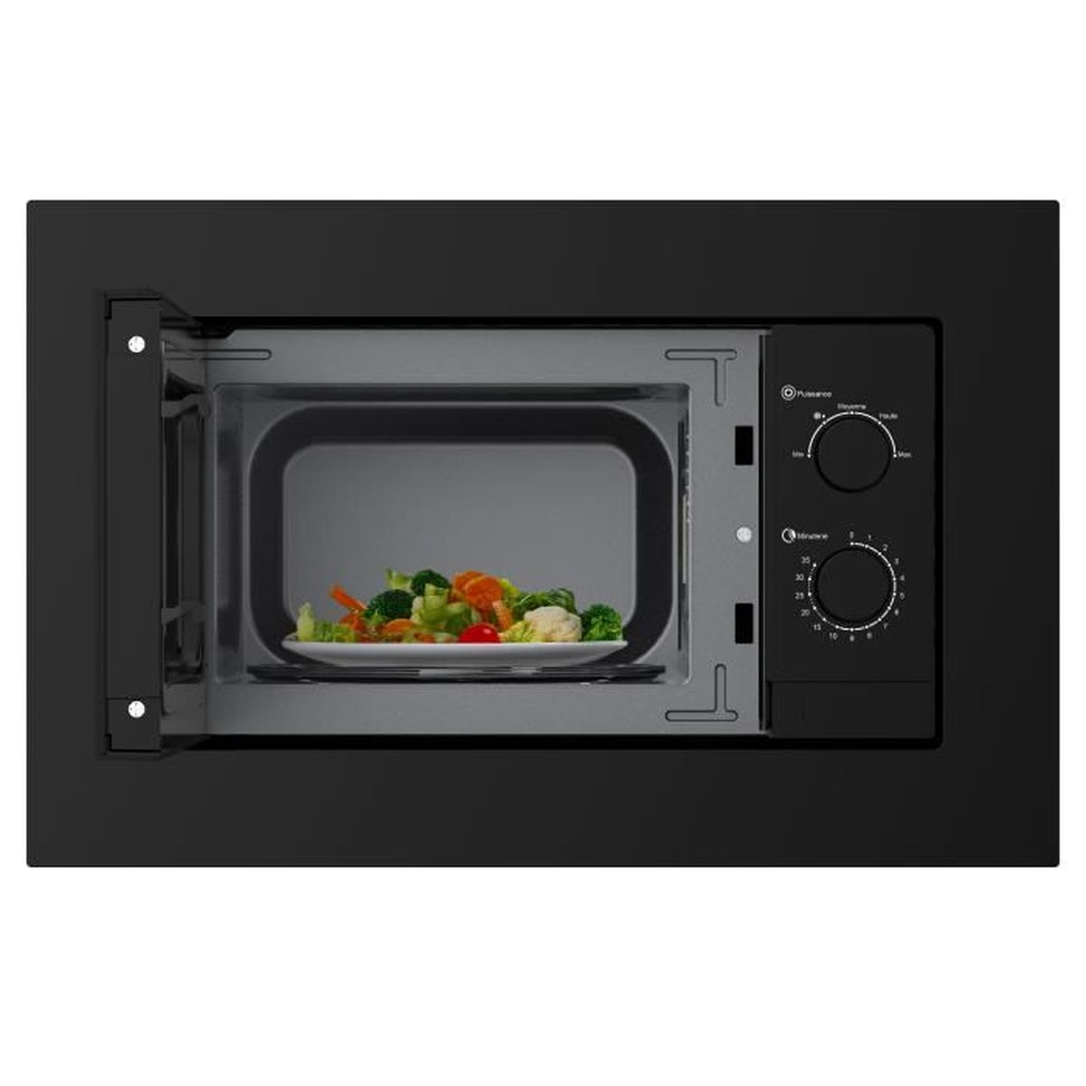 Un microondas empotrado negro con la puerta abierta, mostrando un cuenco de verduras.