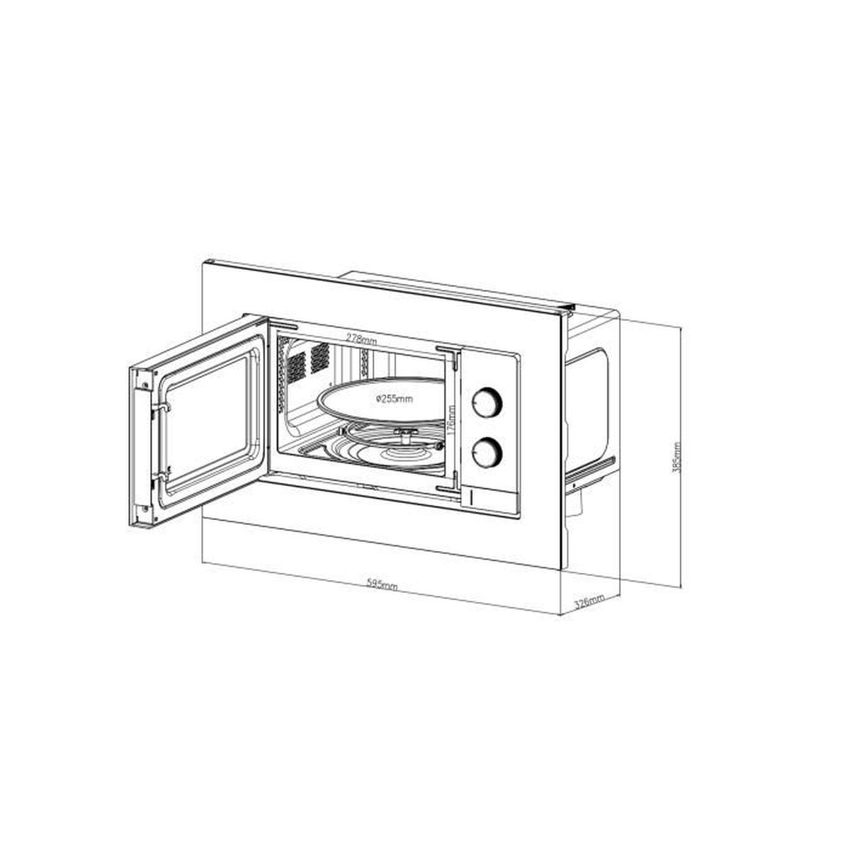 Dibujo técnico de un microondas empotrado con puerta abierta, mostrando medidas.