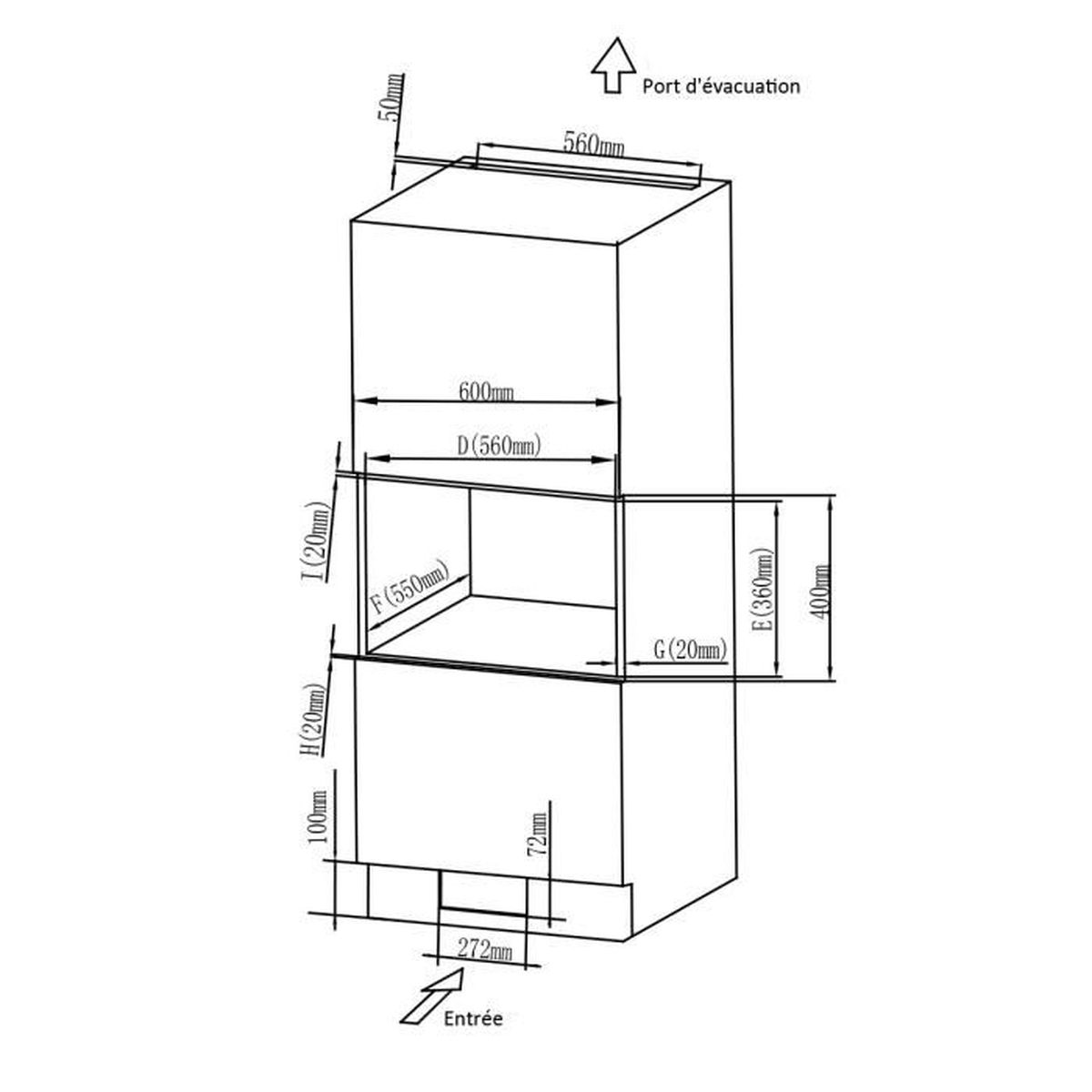 Dibujo técnico con dimensiones de un electrodoméstico. Hay un puerto de escape arriba.