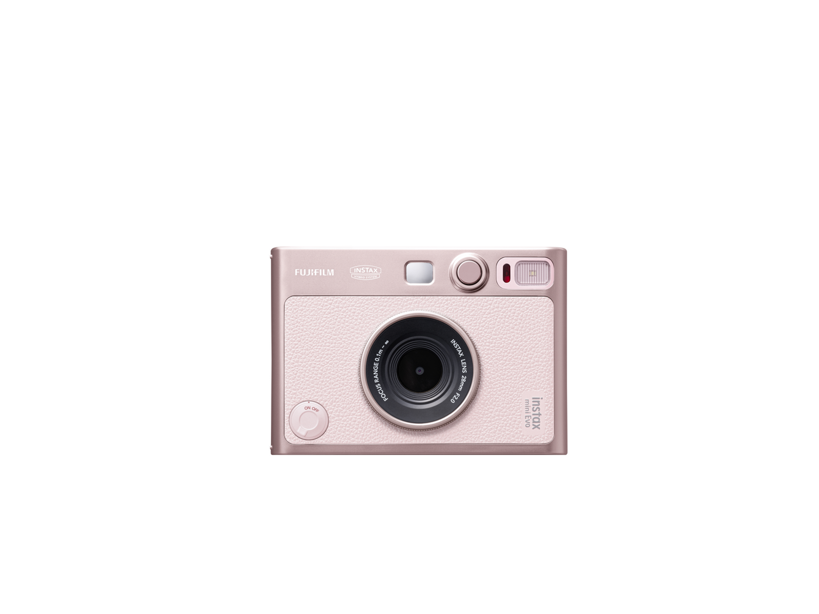 Różowy aparat Fujifilm Instax Mini Evo ze srebrnymi akcentami, pokazany od przodu.
