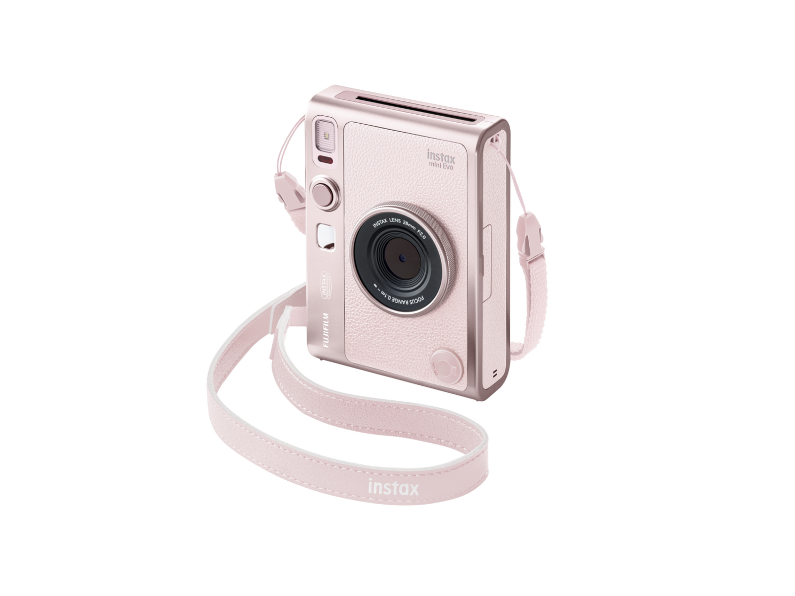 Różowy aparat Fujifilm Instax Mini Evo z różowym paskiem.
