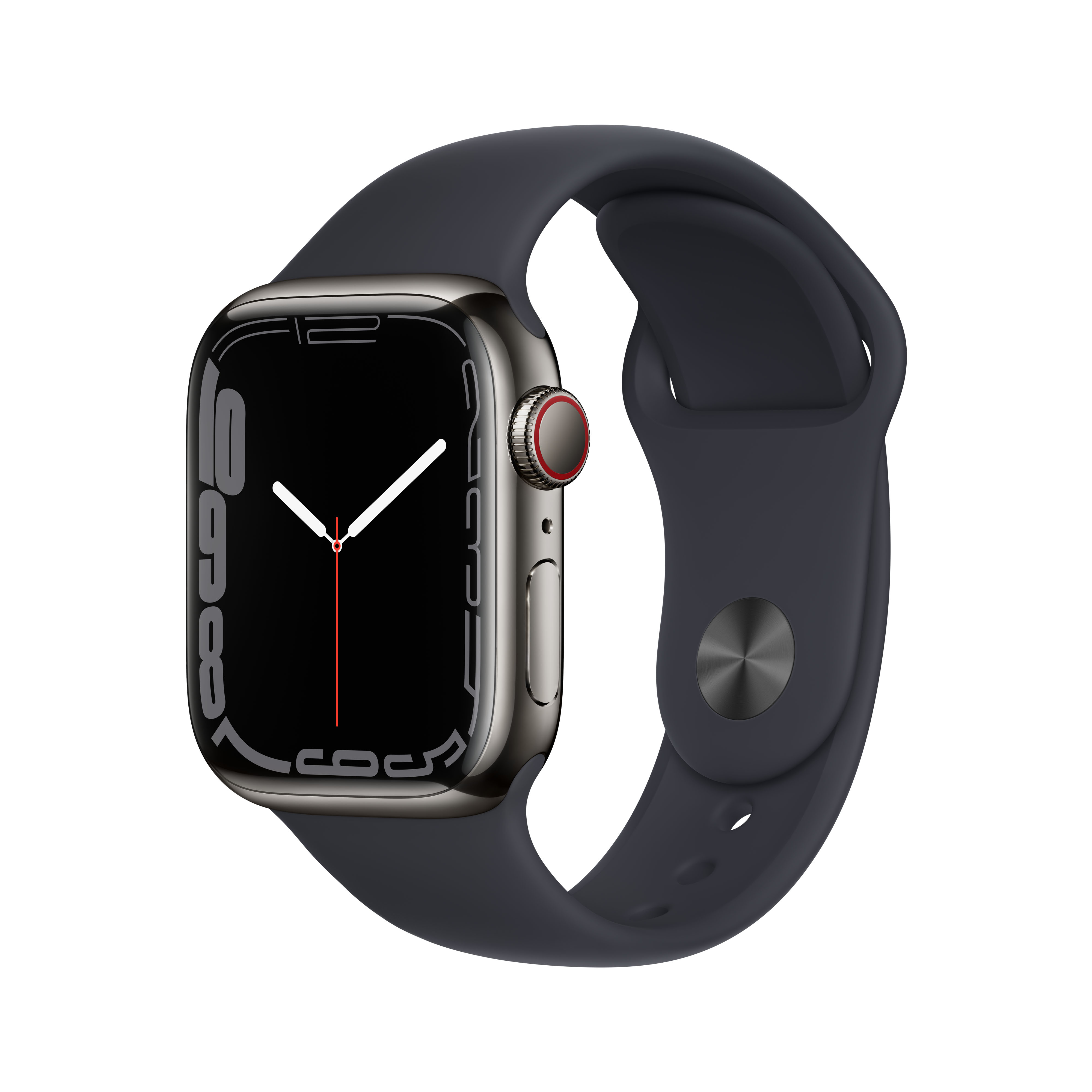 Uno smartwatch scuro con cassa argentata e ghiera rossa su sfondo bianco.