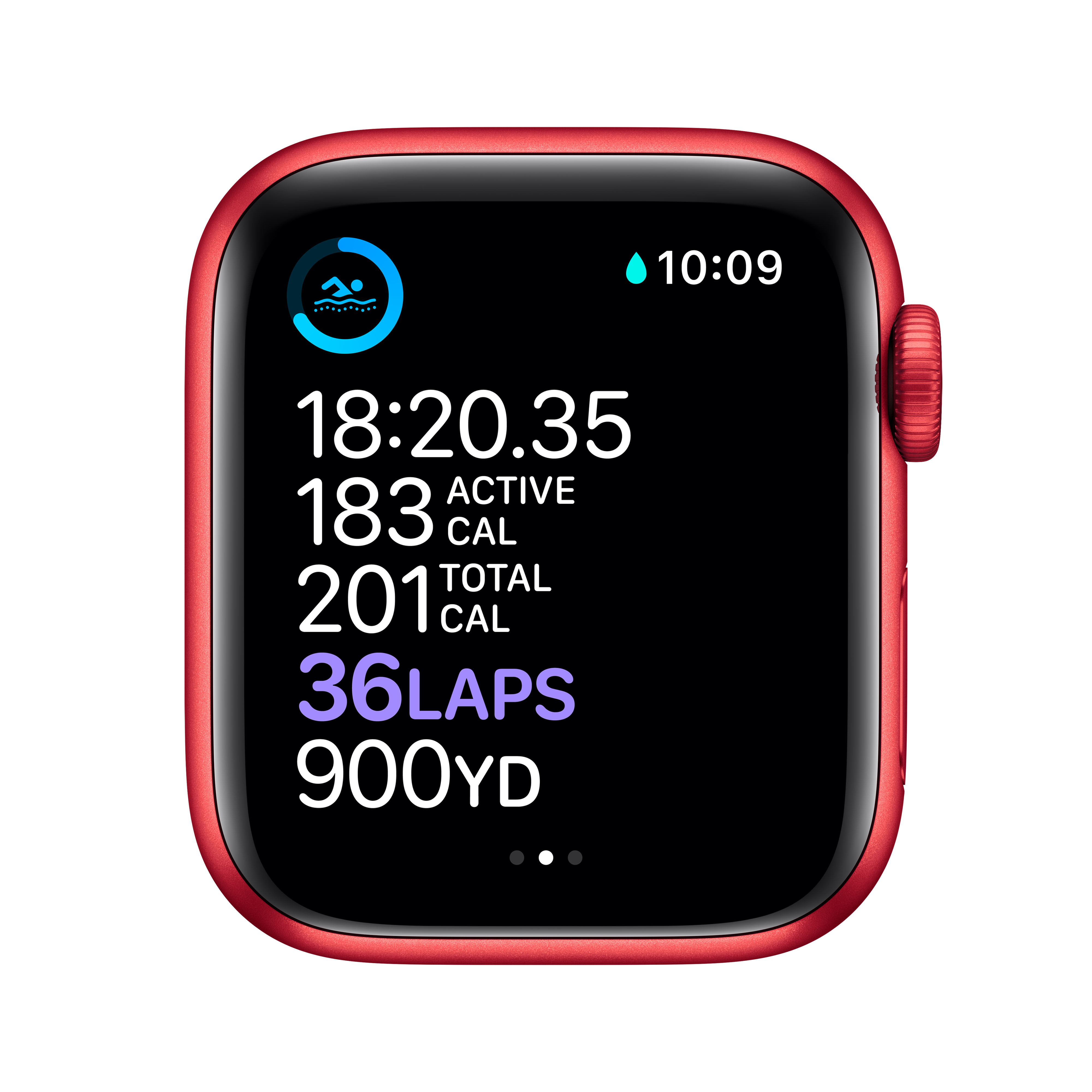 Rote Smartwatch mit Schwimmsymbol, Zeit 10:09, Trainingsdaten.