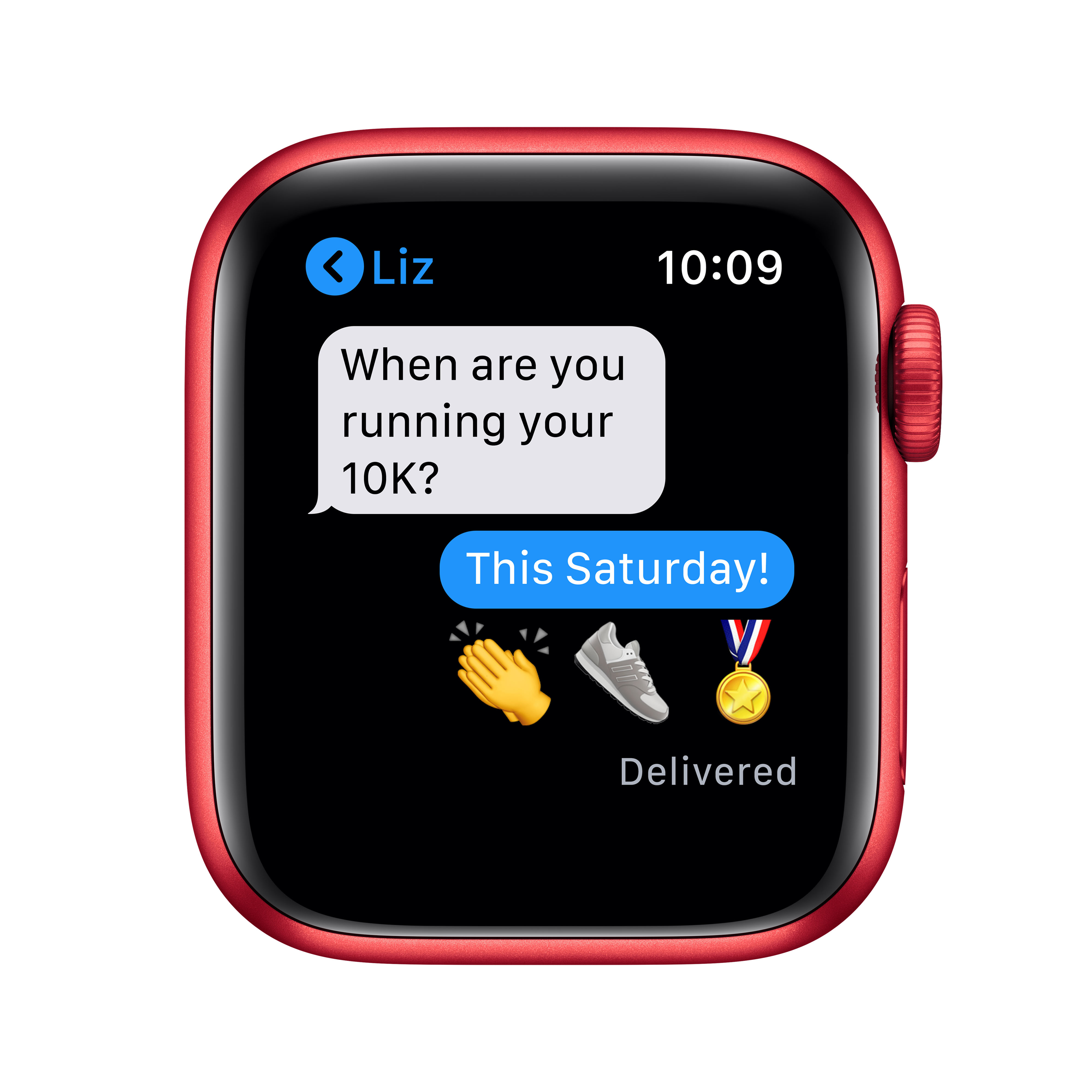 Rote Smartwatch zeigt Nachricht: 'Dieser Samstag!'. Mit Emojis: Händeklatschen, Schuh, Medaille.