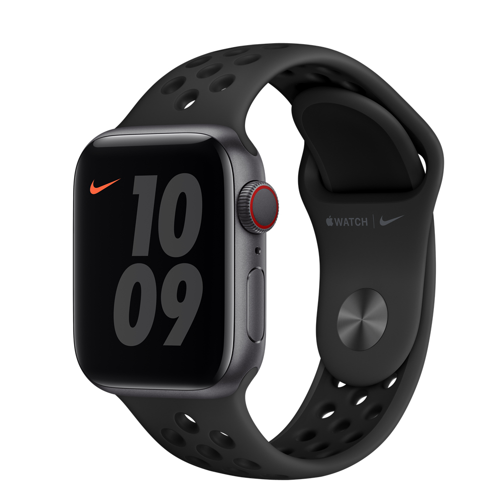 Eine dunkelgraue Apple Watch mit schwarzem Nike-Armband zeigt 10:09 an.