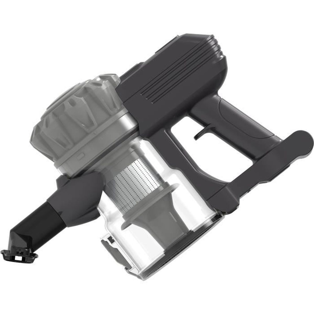 Grauer Handstaubsauger mit transparentem Behälter und Metallfilter.