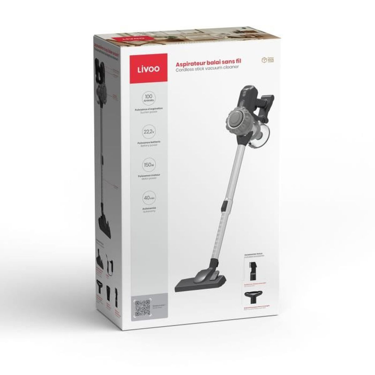 Verpackung eines Livoo Akku-Stielstaubsaugers mit Zubehör und technischen Daten.