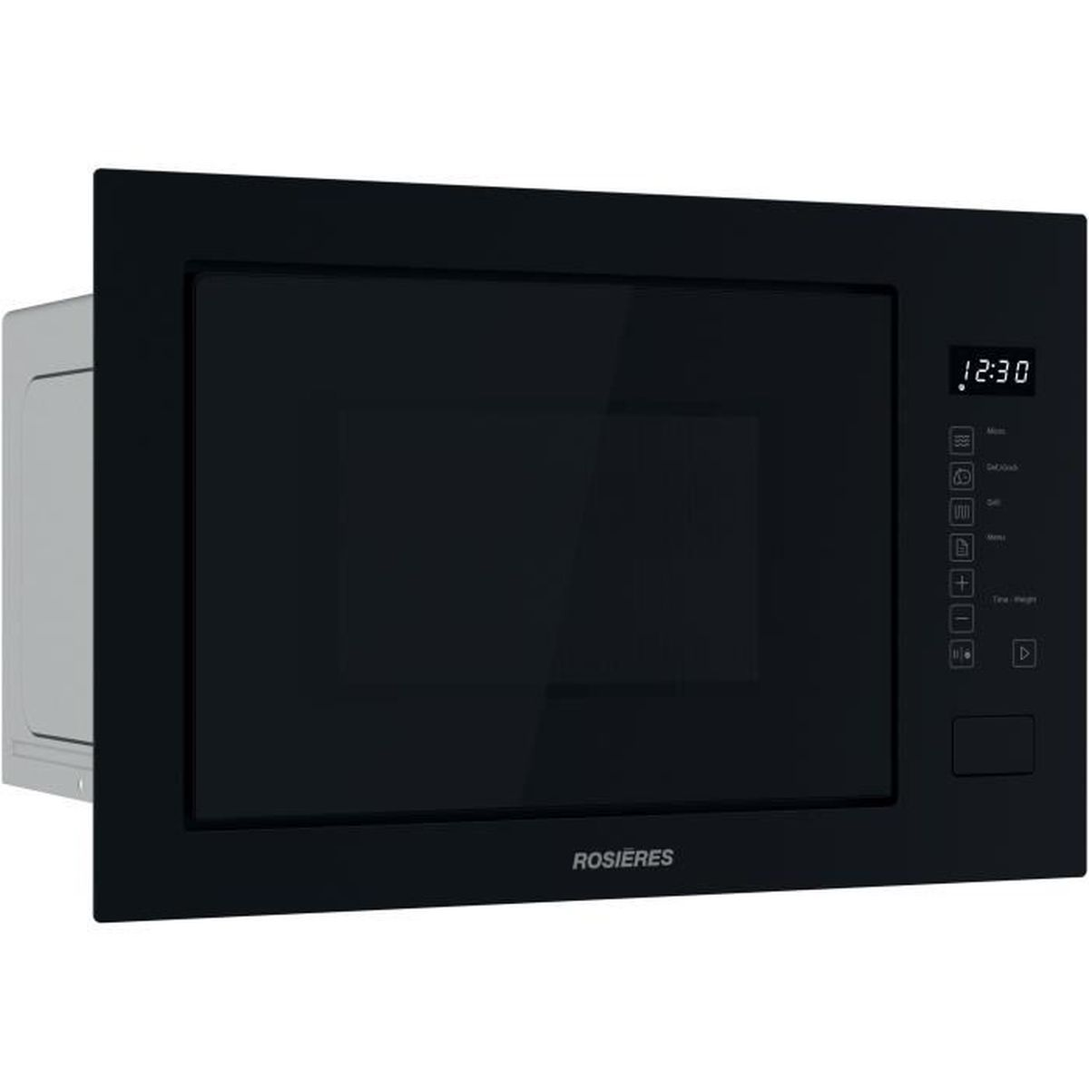 Eine schwarze Einbaumikrowelle mit Glasfront und digitaler Anzeige.