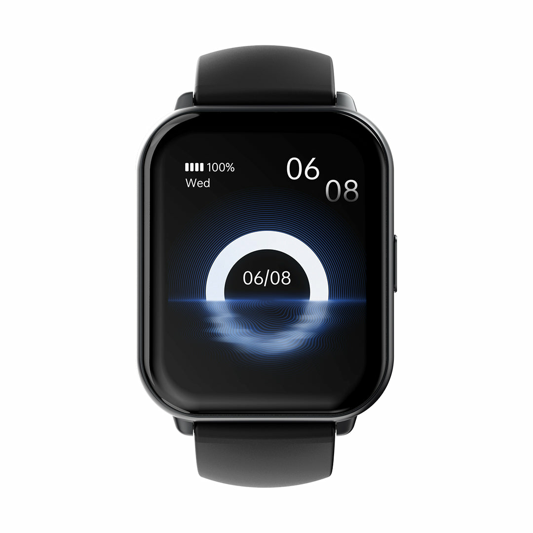 Montre connectée noire avec 100% batterie, date 06/08 et motif d'ondes.
