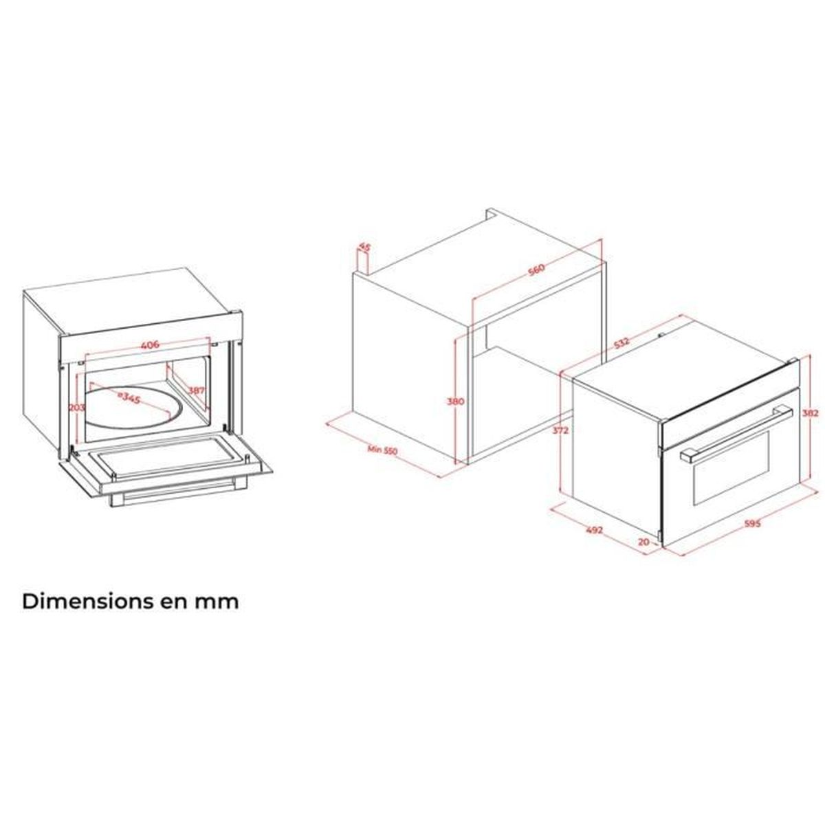 Dibujo técnico de un horno microondas con dimensiones en mm.