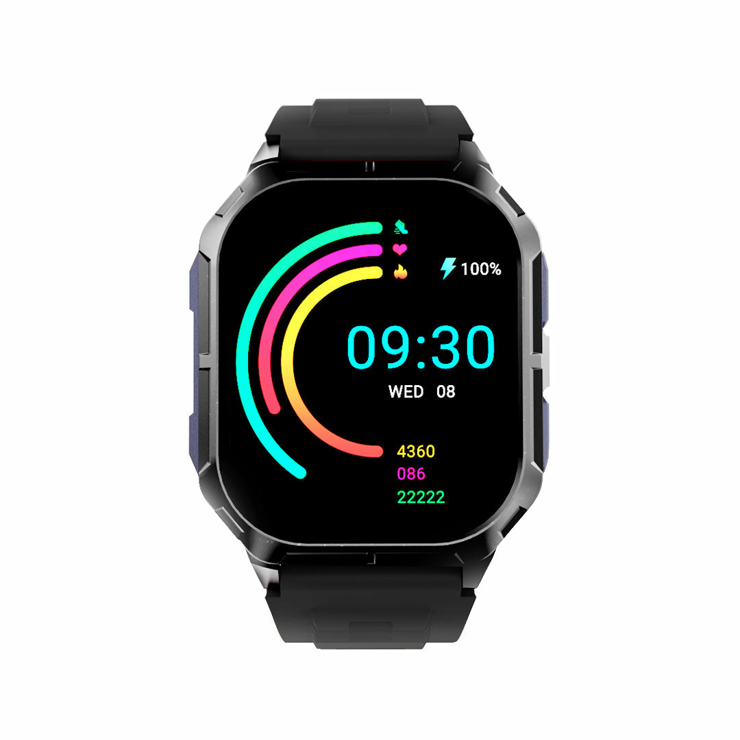 A smartwatch with a black band displays 09:30, 100% battery, heart rate, and steps.