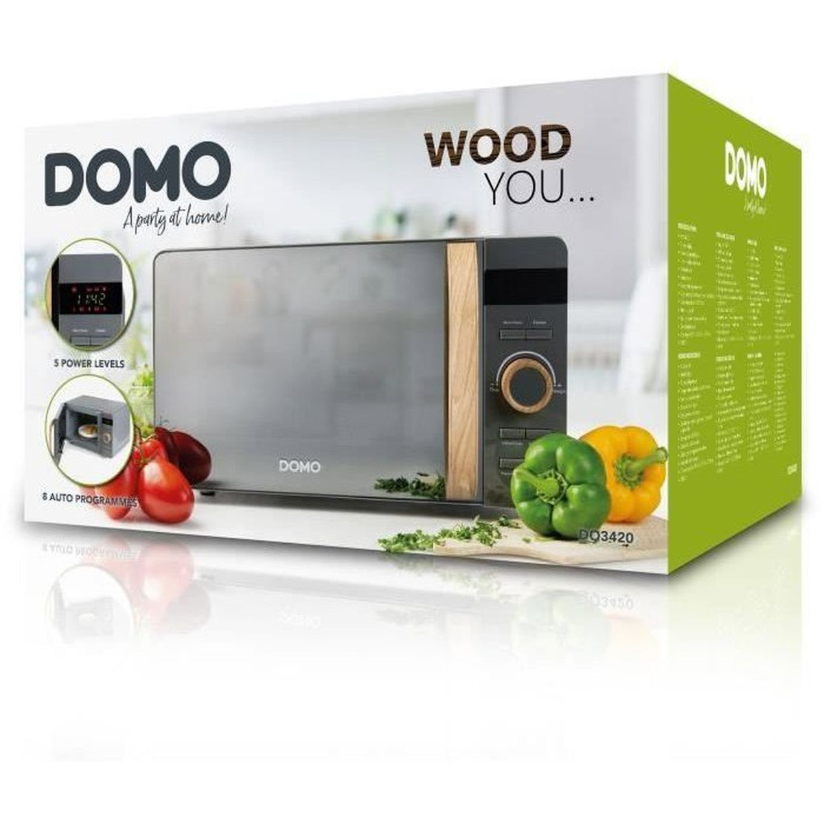 Domo Mikrowelle mit Holzdetails, Paprika und Tomaten auf der Verpackung.