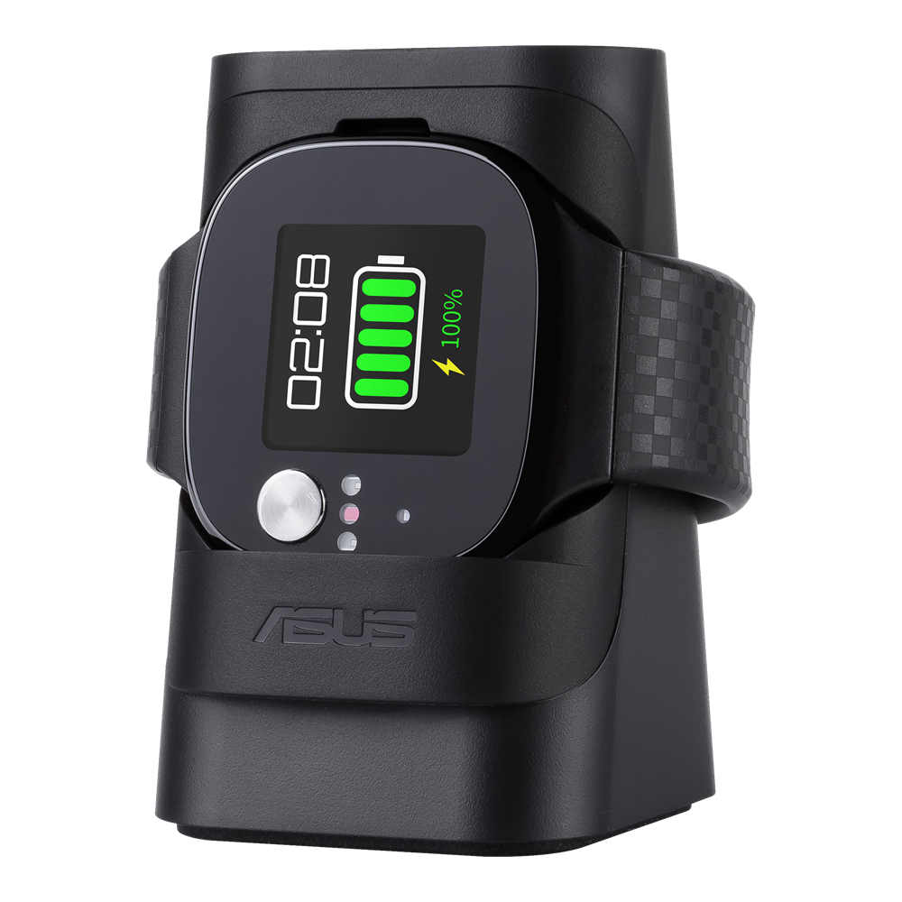 Caricatore per smartwatch nero nel suo dock, con batteria al 100%.