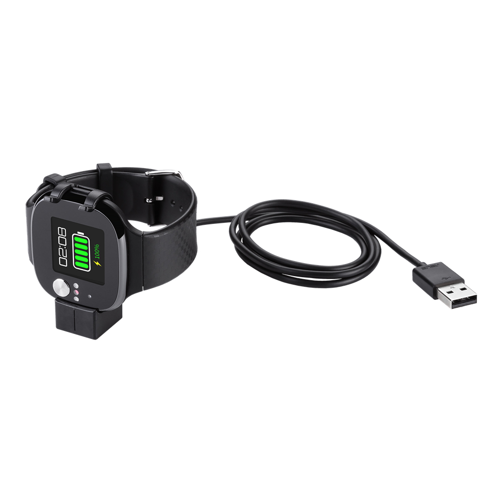 Base di ricarica nera per smartwatch con cavo USB che mostra batteria piena.