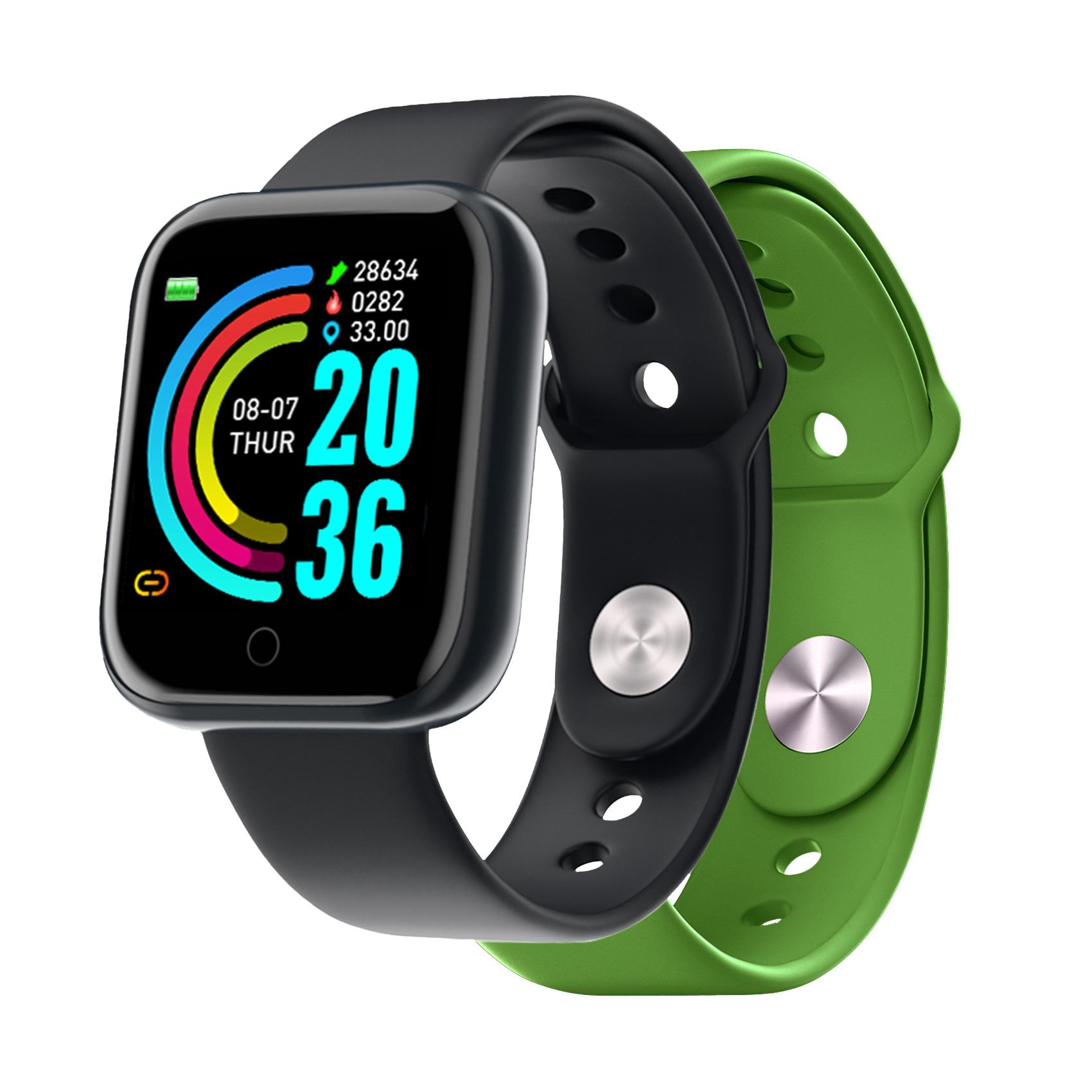 Smartwatch nero con cinturino verde, mostra ora e dati fitness.