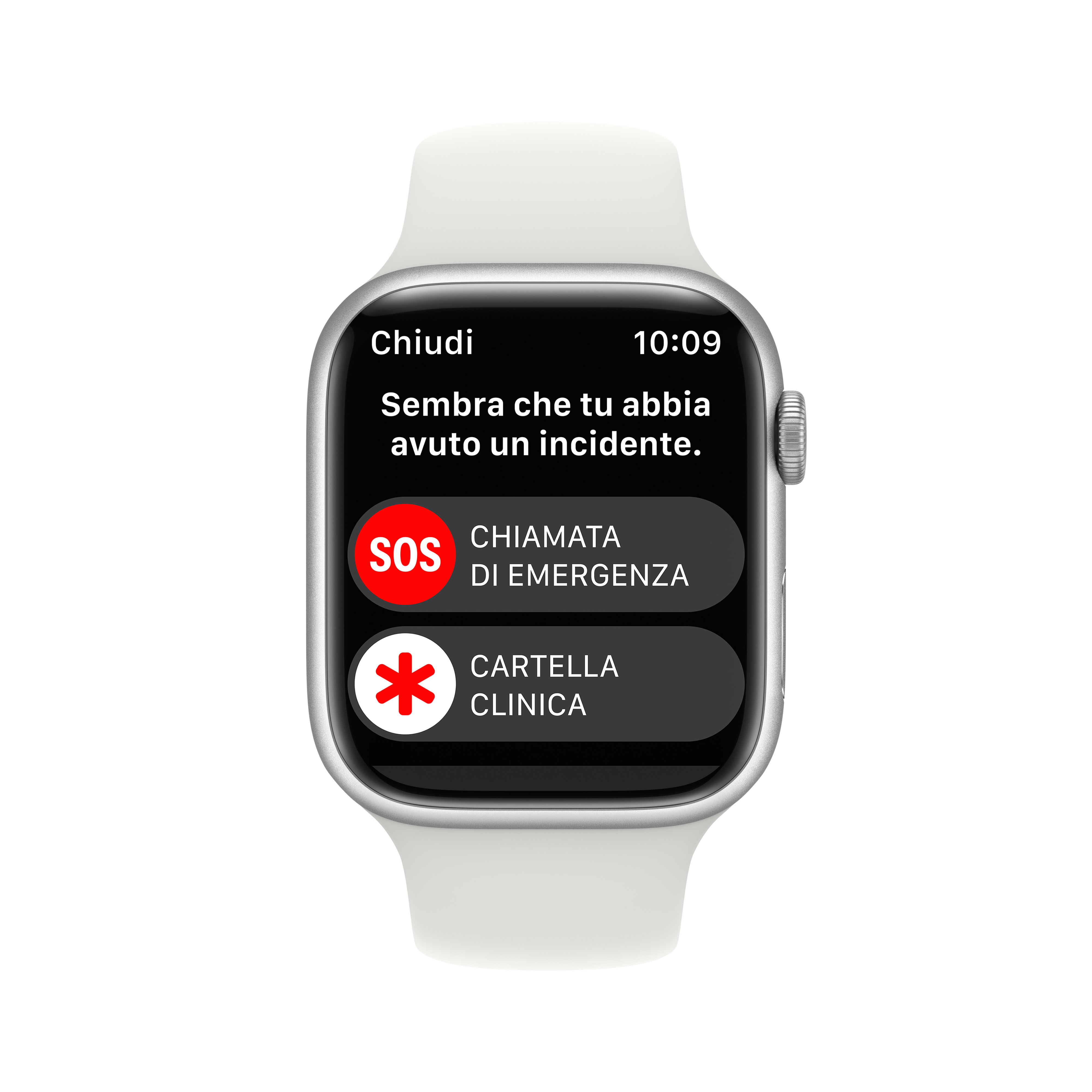Un reloj inteligente muestra una alerta de accidente con SOS y datos médicos.