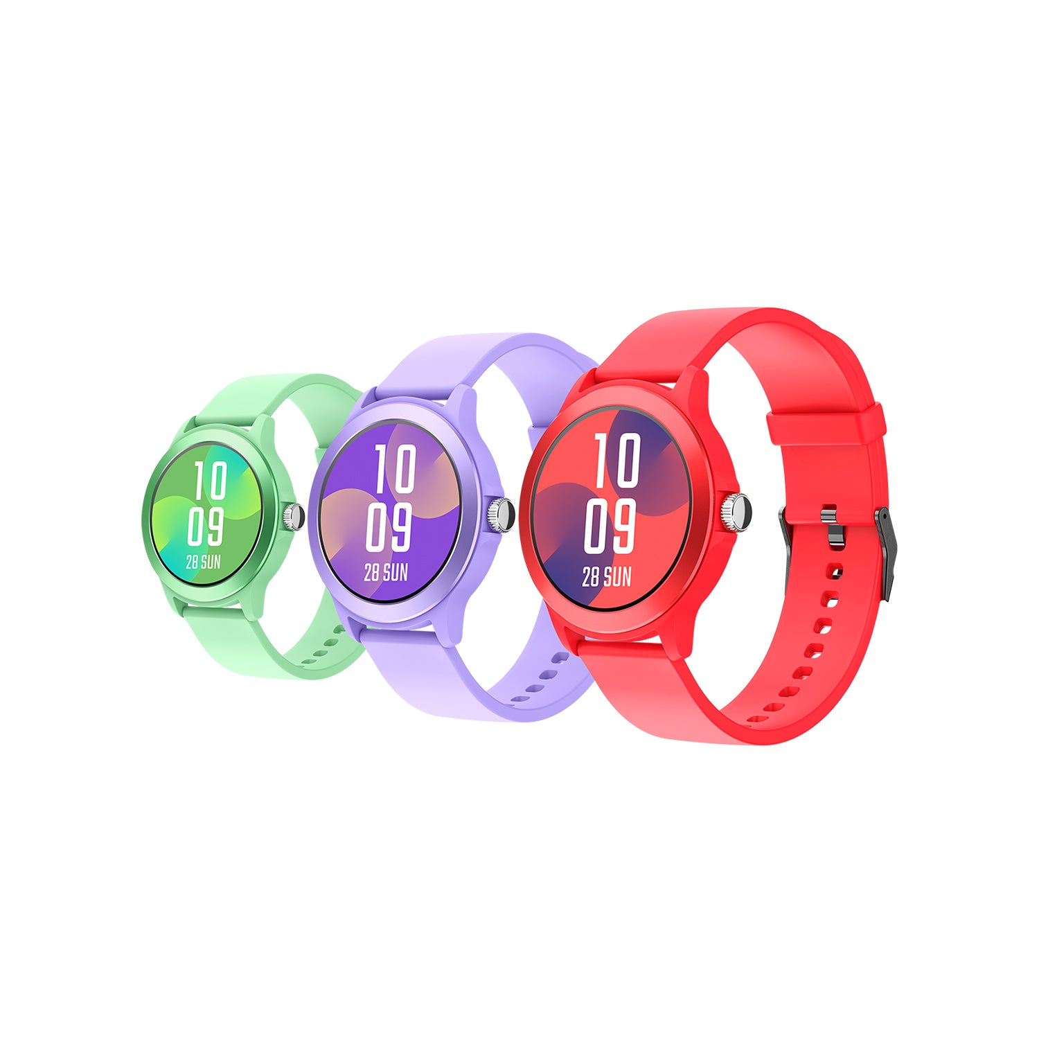 Tres relojes inteligentes en verde, morado y rojo con pantallas digitales sobre fondo blanco.