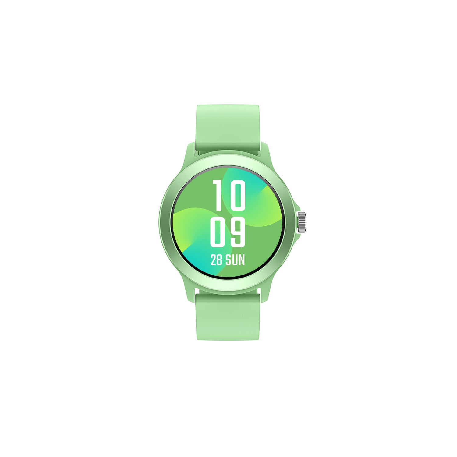 Un reloj inteligente verde claro con pantalla digital que muestra 10:09 y 28 SOL.