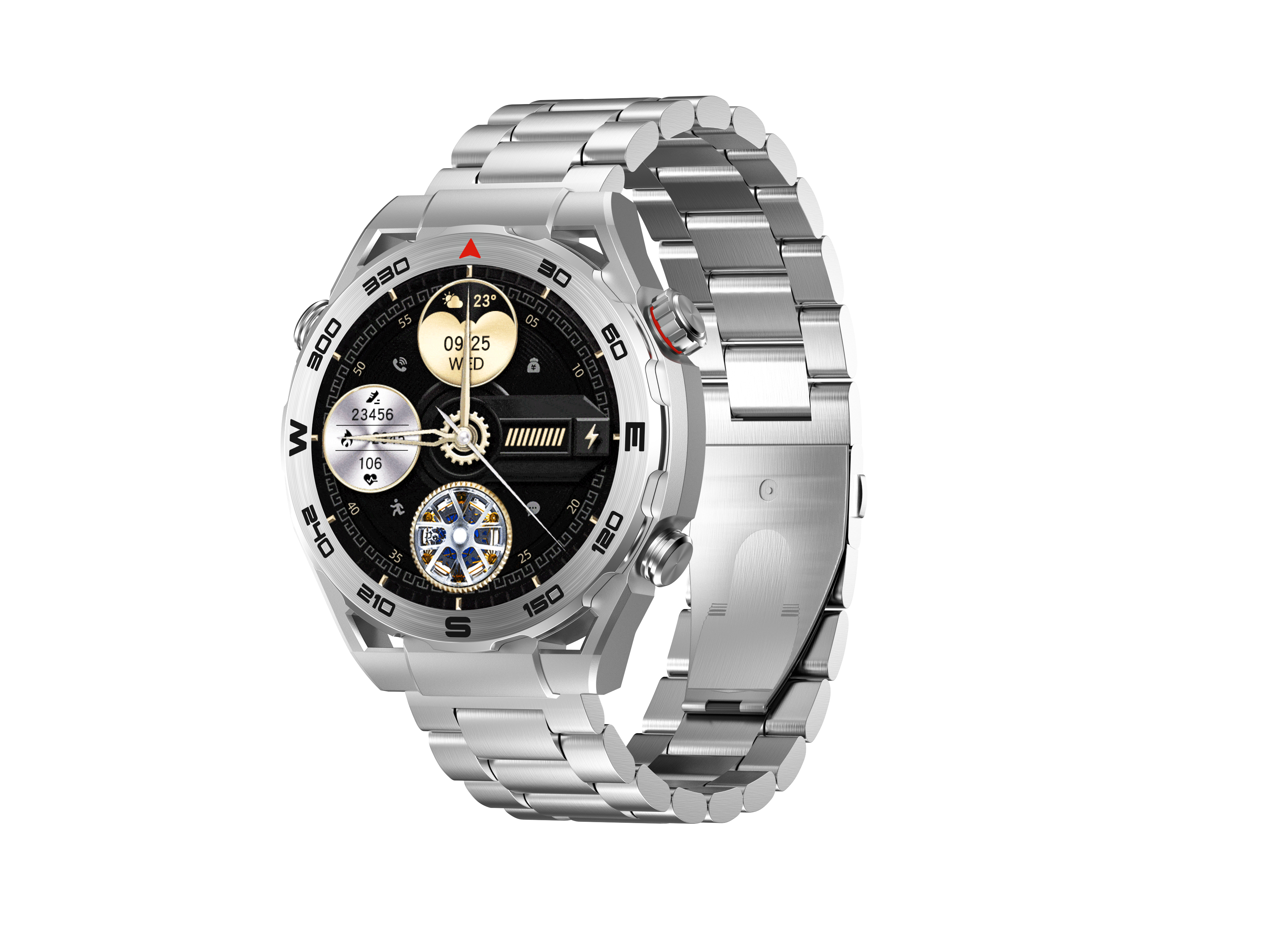 Smartwatch argentato con cinturino in metallo e quadrante dettagliato.