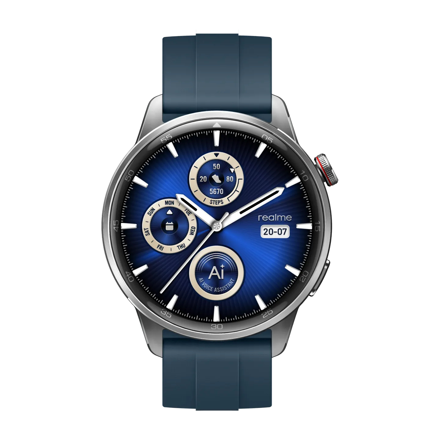 Srebrny smartwatch z niebieską tarczą i niebieskim paskiem.