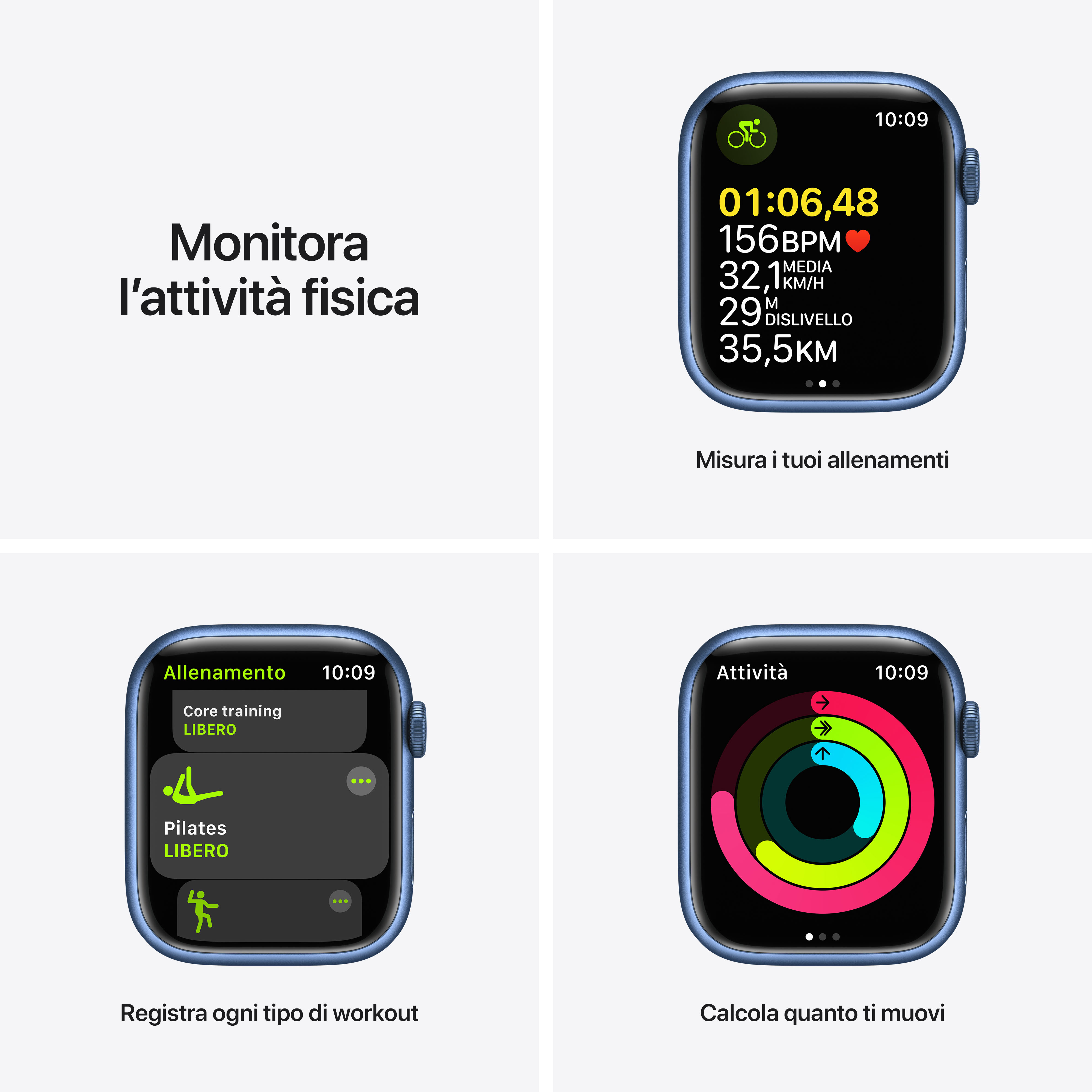Reloj inteligente muestra estadísticas, lista y anillos de actividad.