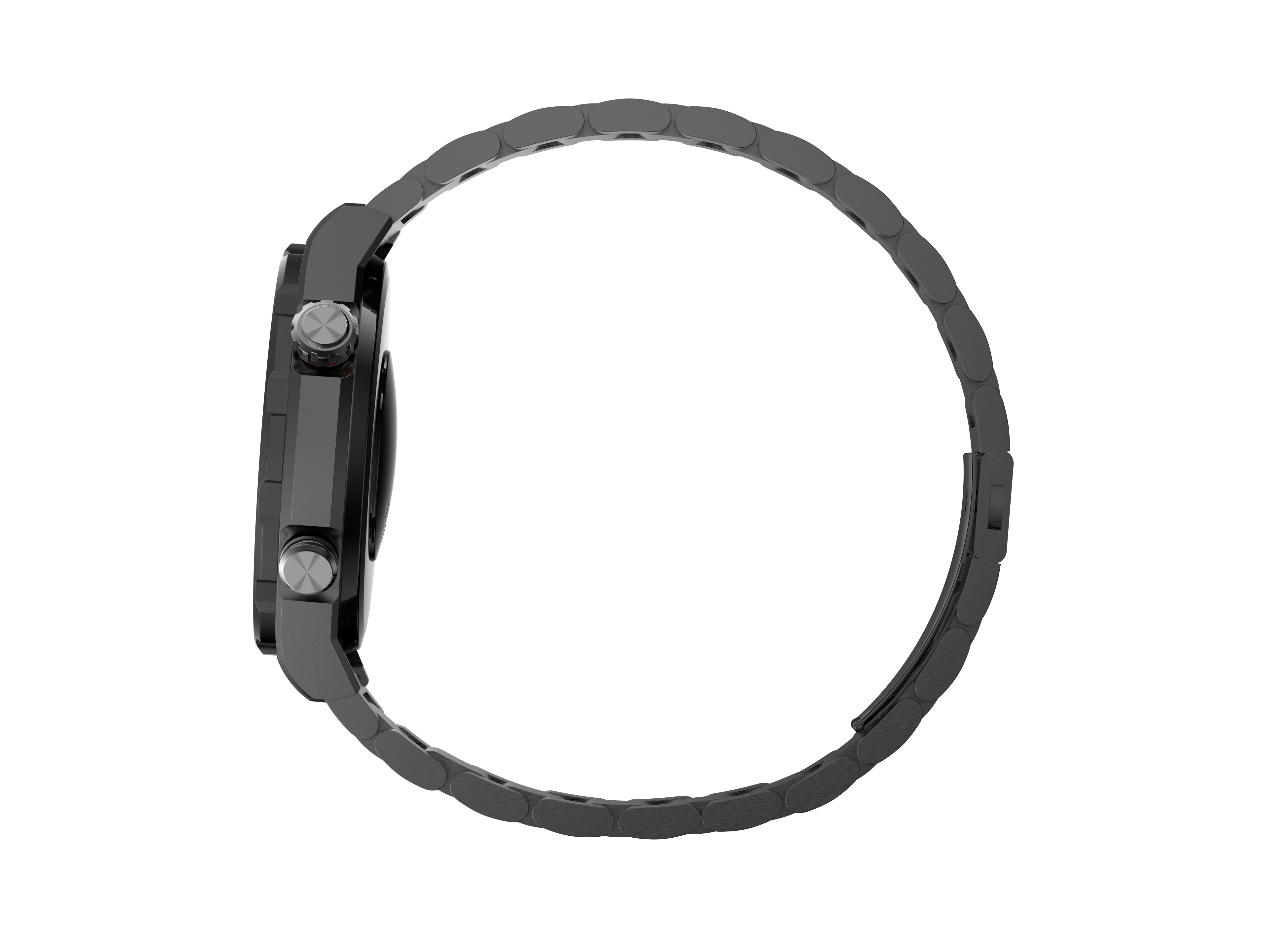 Orologio digitale grigio scuro con cinturino in metallo, visto di lato.