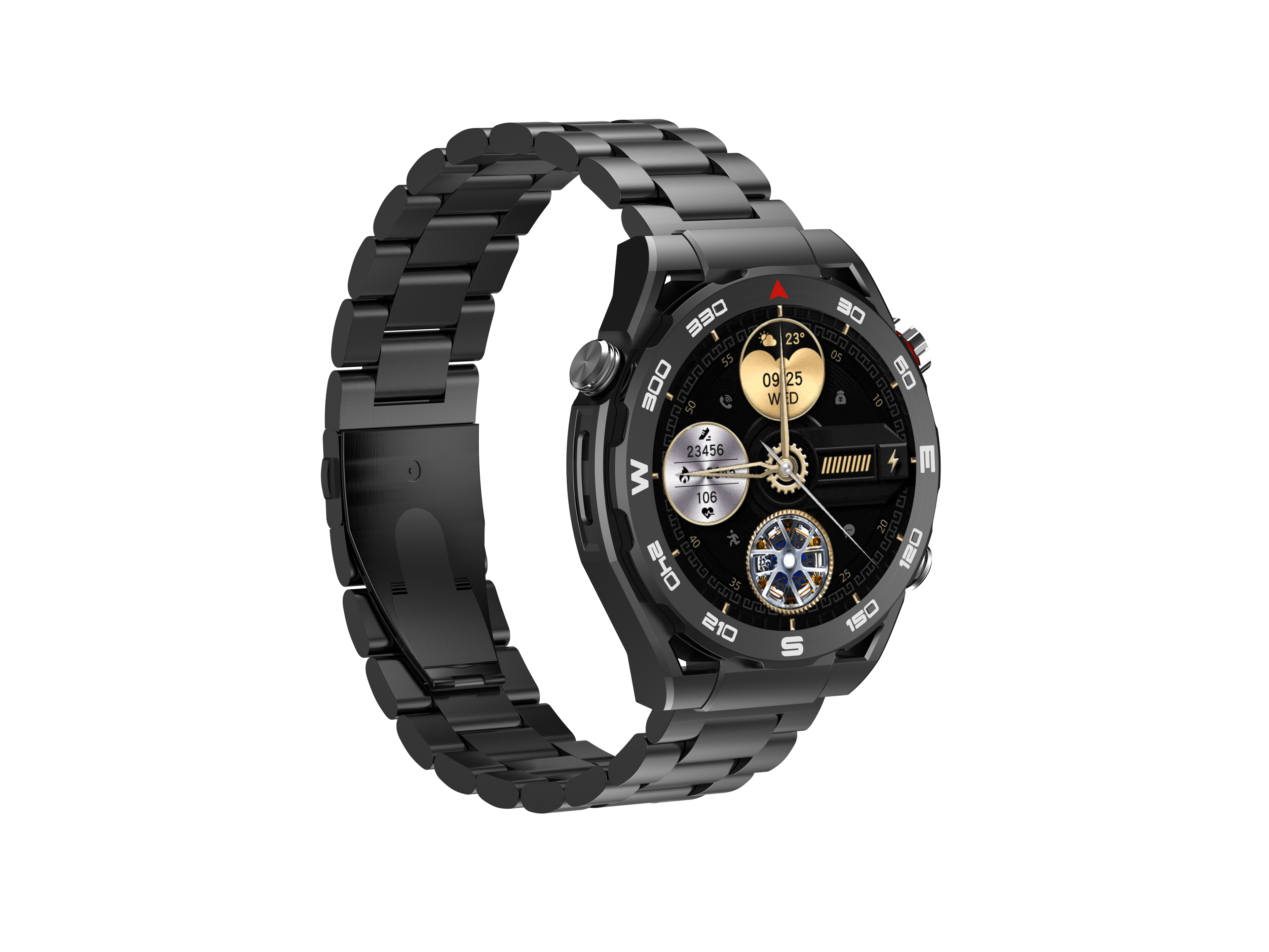 Uno smartwatch nero con cinturino in metallo e quadrante digitale dettagliato.