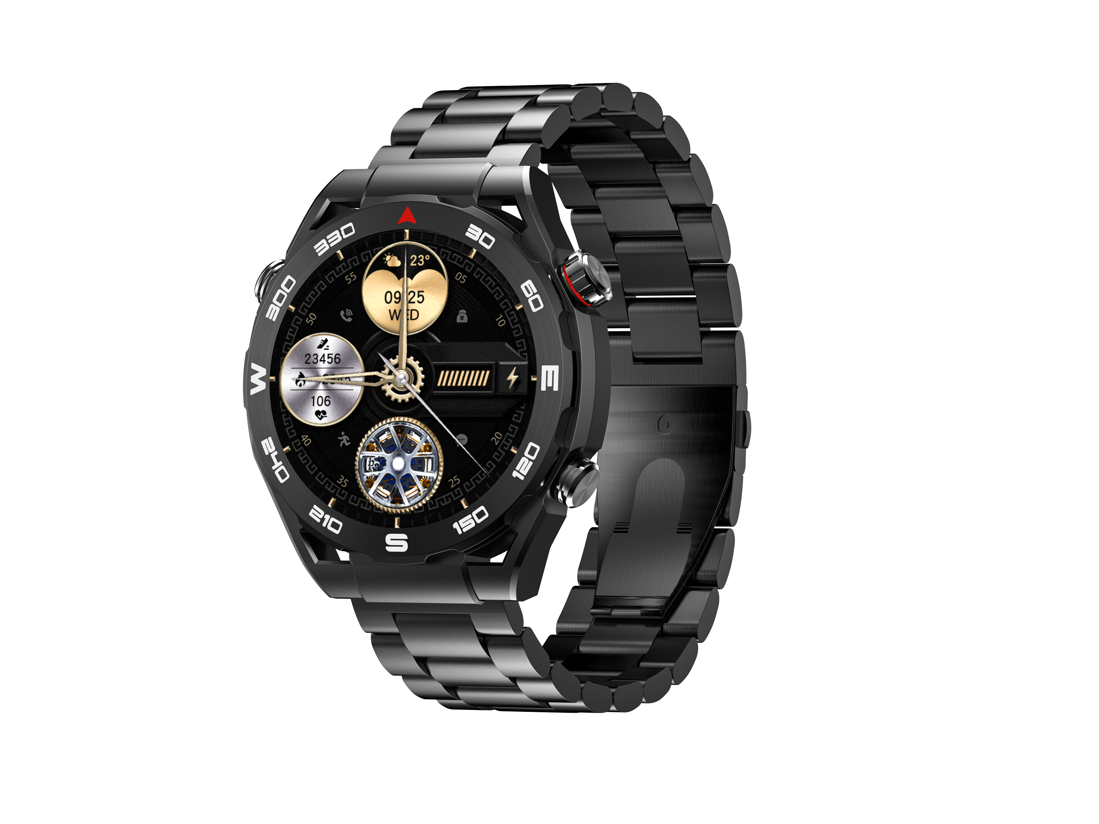 Smartwatch nero con cinturino in metallo e quadrante digitale, mostra data e temperatura.
