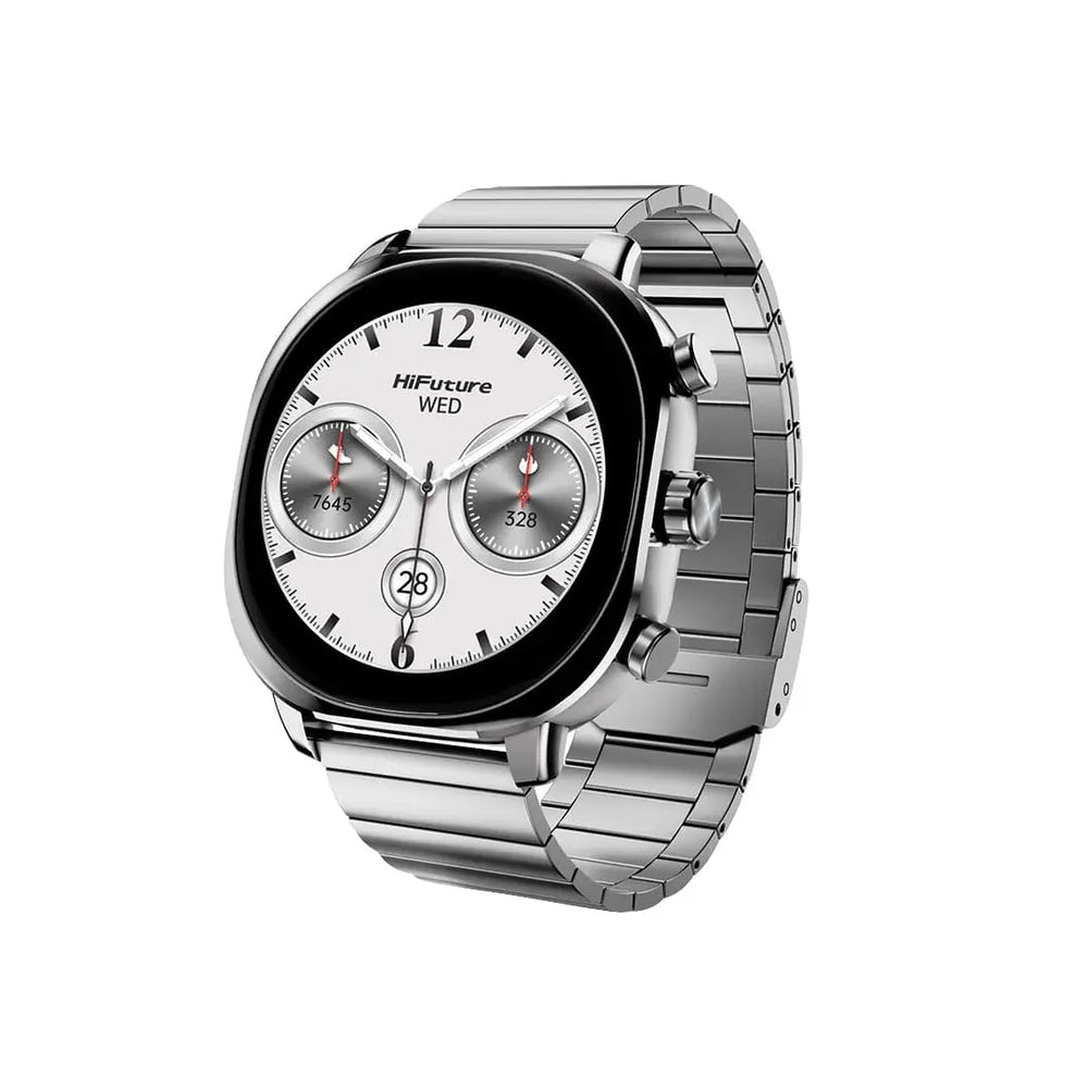 Srebrny smartwatch z białym cyferblatem, wyświetlający "HiFuture WED" i dwa subtarcze.