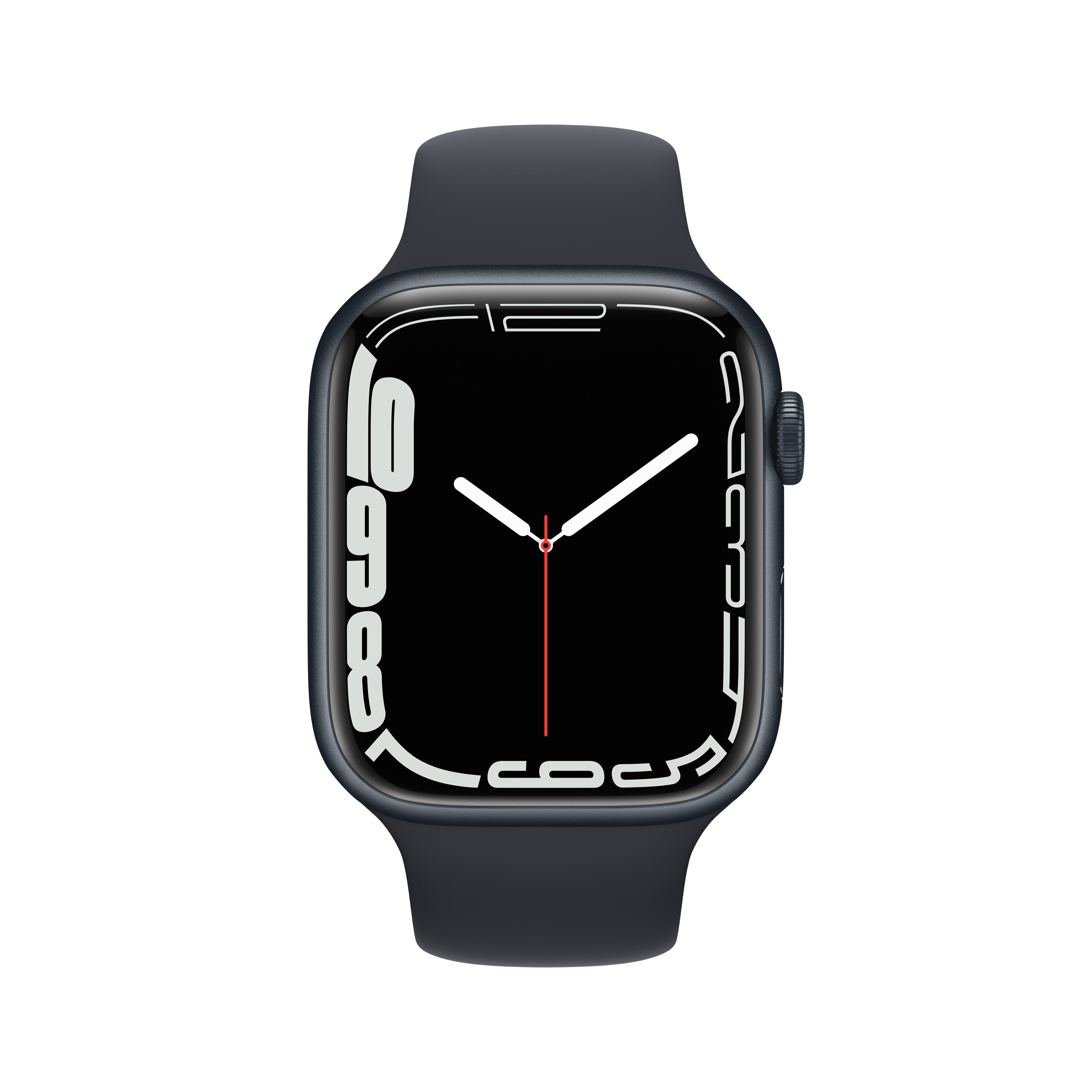 Un reloj inteligente oscuro con esfera negra y números blancos.