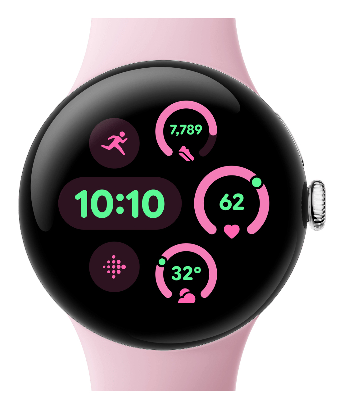 Różowy smartwatch wyświetla 10:10, kroki, tętno i temperaturę.