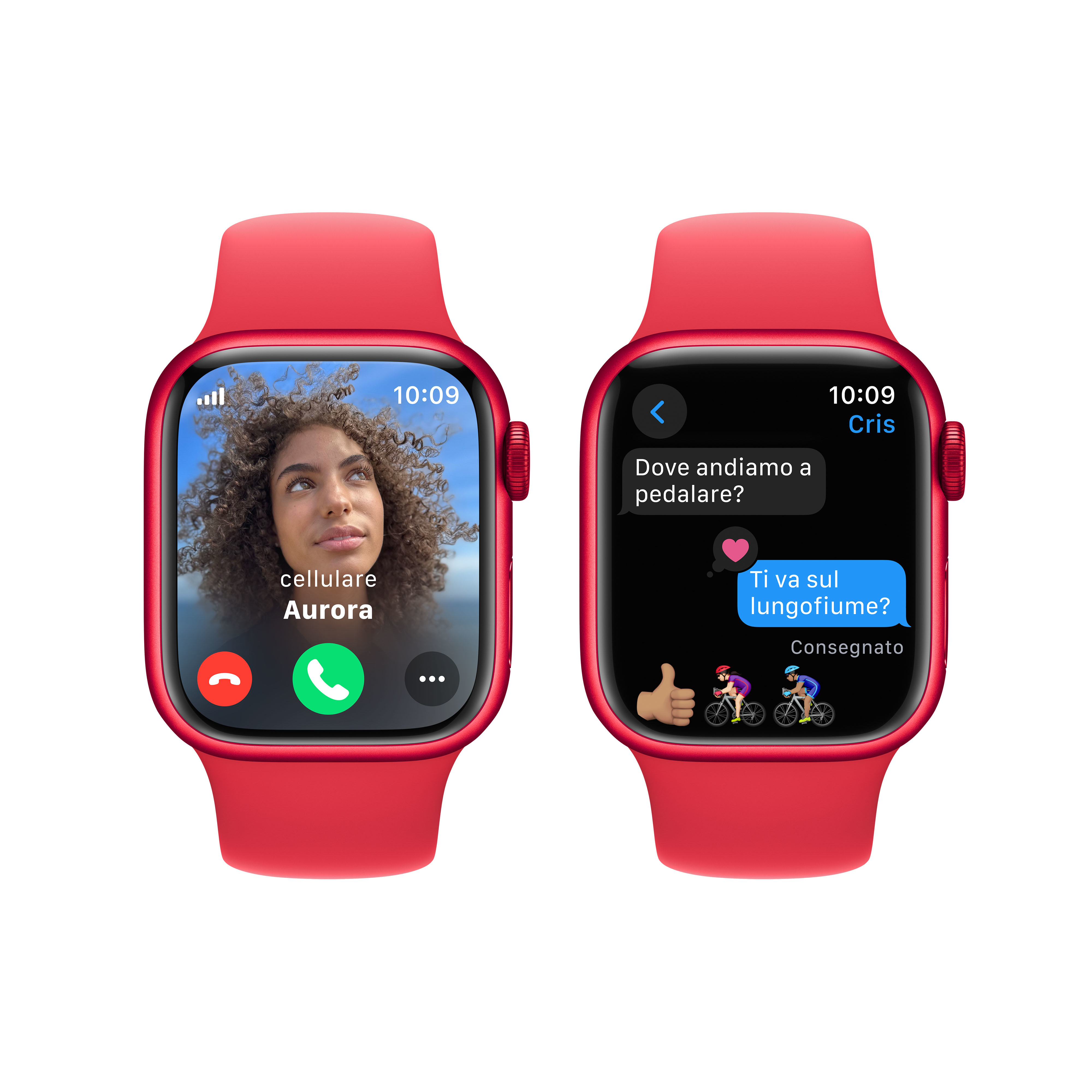 Dos relojes inteligentes rojos. El izquierdo muestra una videollamada. El derecho un mensaje.
