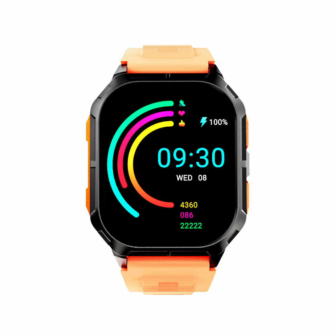 A smartwatch with an orange band, black casing, and a digital display showing time.