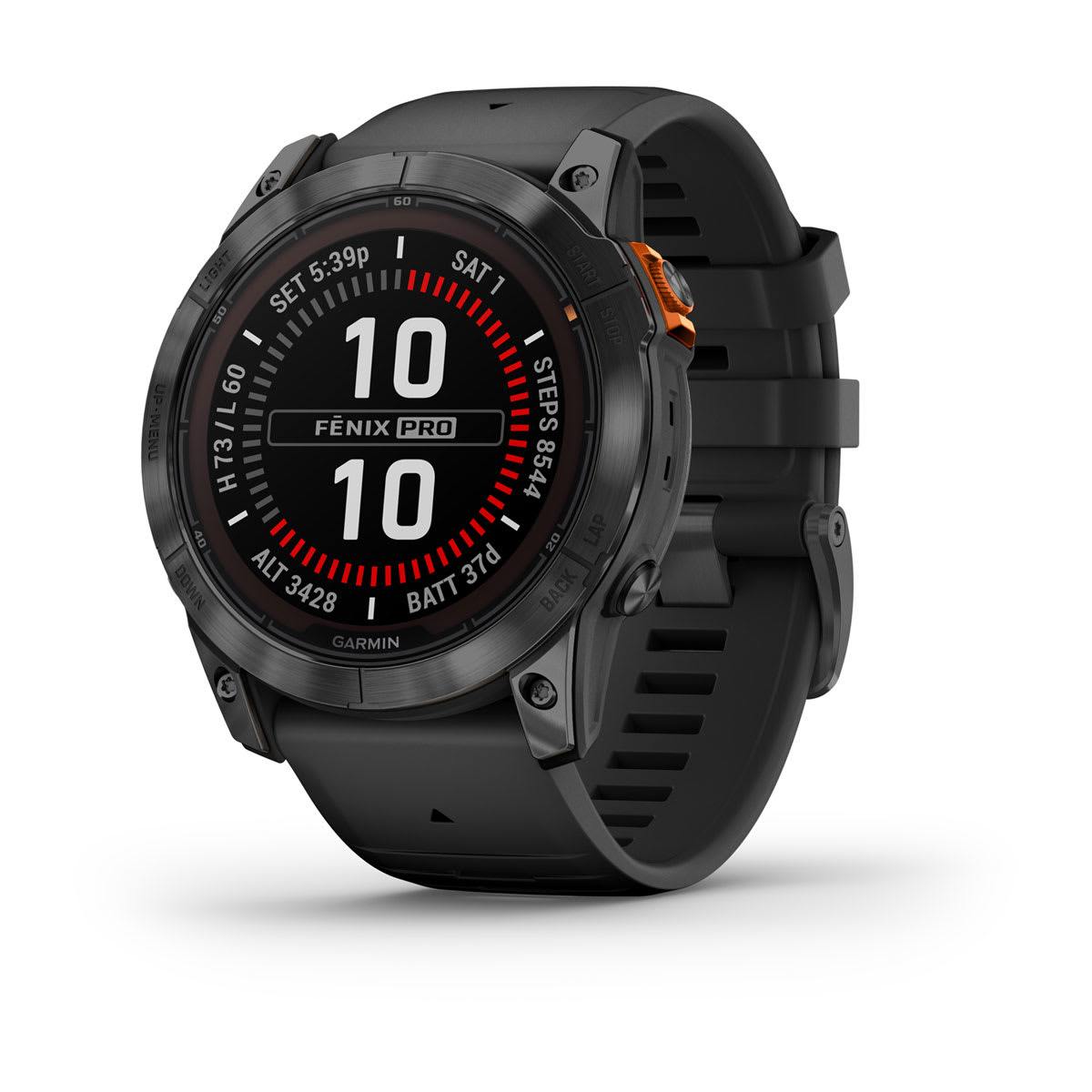 Zwarte Garmin Fenix Pro smartwatch met oranje knop en zwarte band.