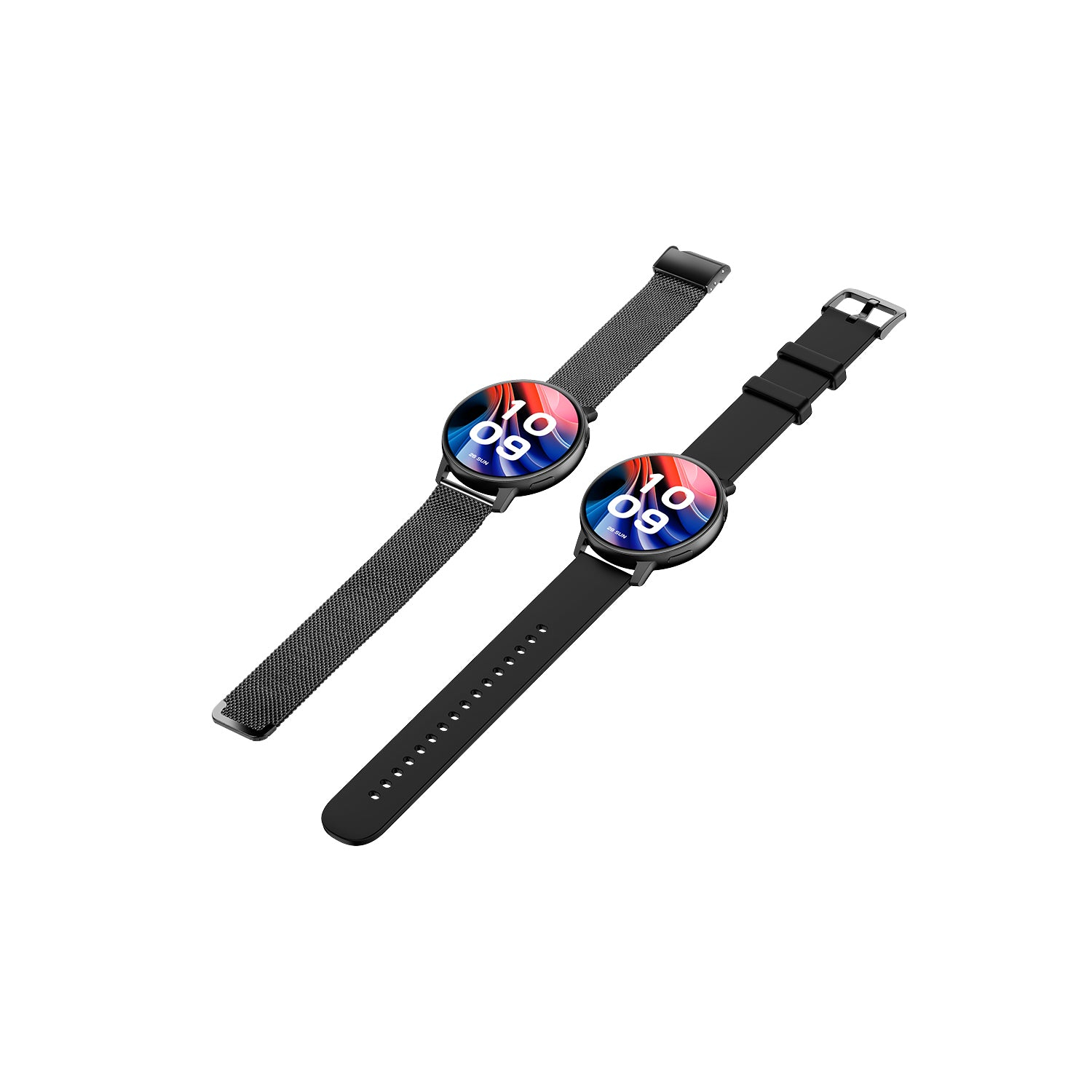 Due smartwatch con quadranti colorati su sfondo bianco.