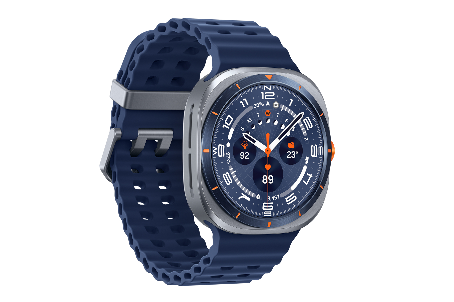 Uno smartwatch blu con cassa argentata e quadrante scuro che mostra informazioni.