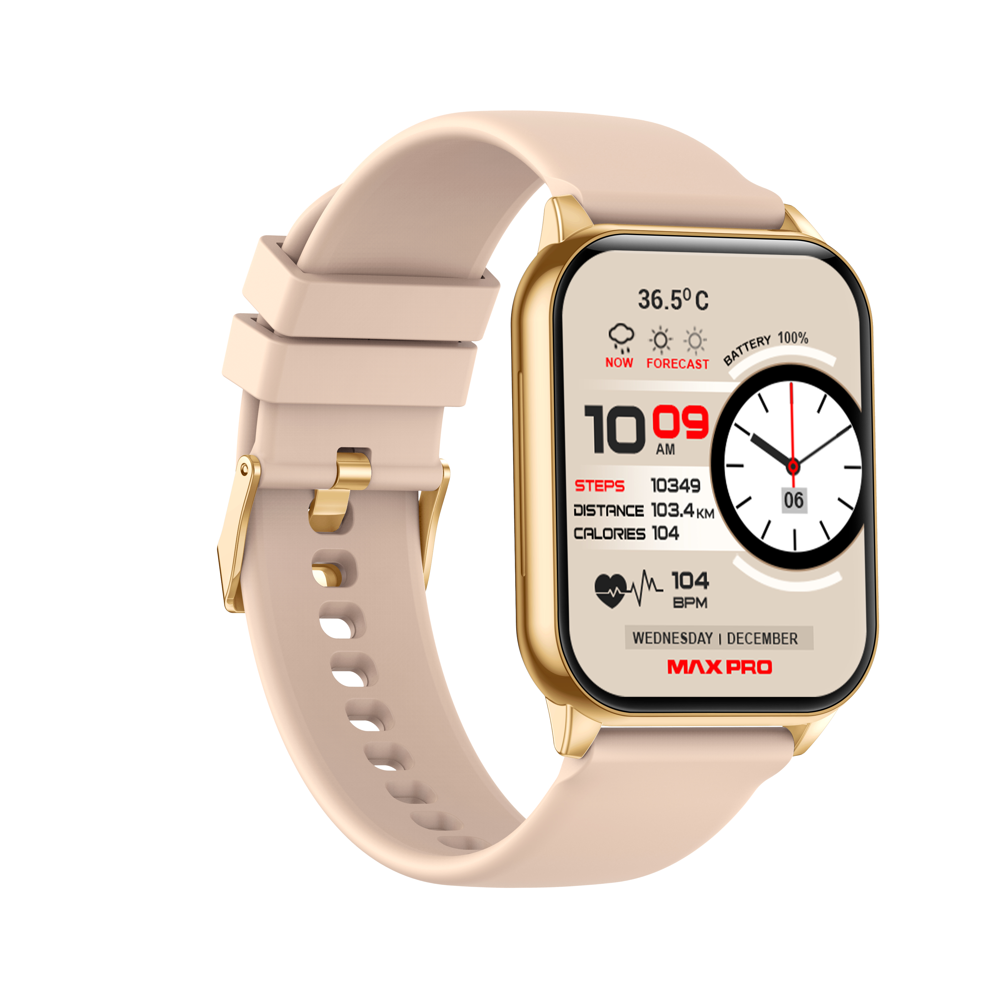 Orologio smart dorato con cinturino beige, mostra 10:09, 36.5°C, 10349 passi.
