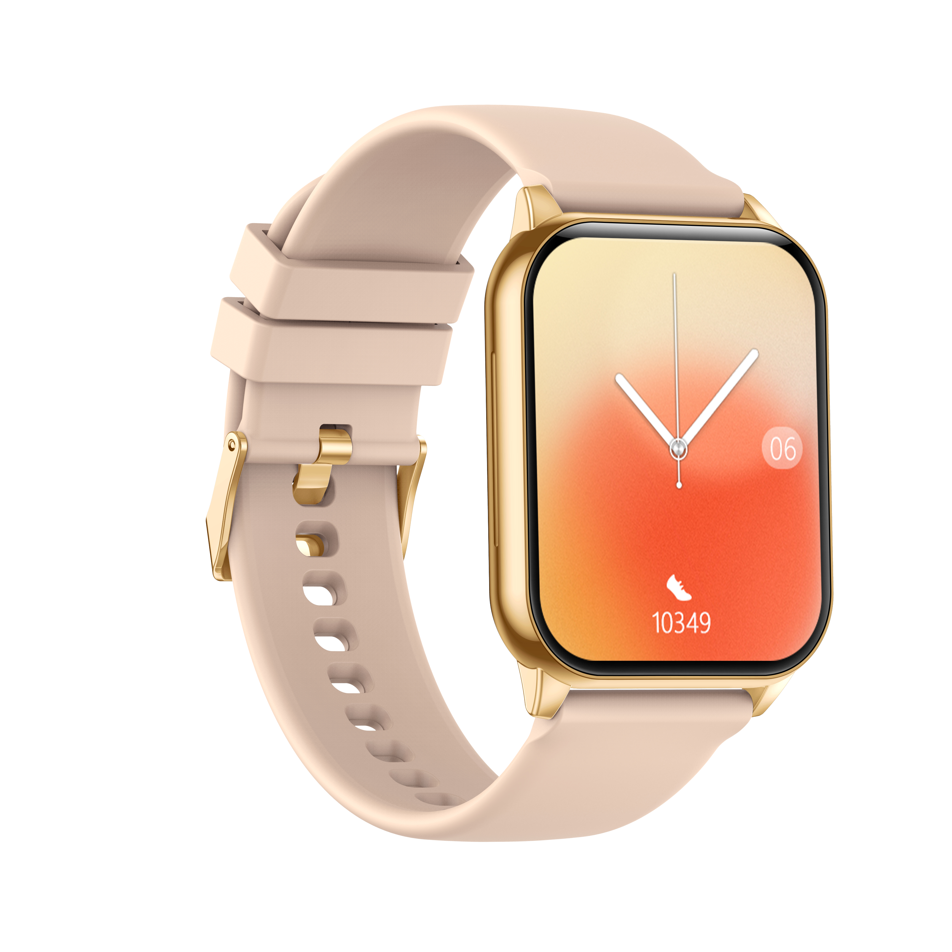 Uno smartwatch dorato con cinturino beige chiaro mostra 10349 passi.
