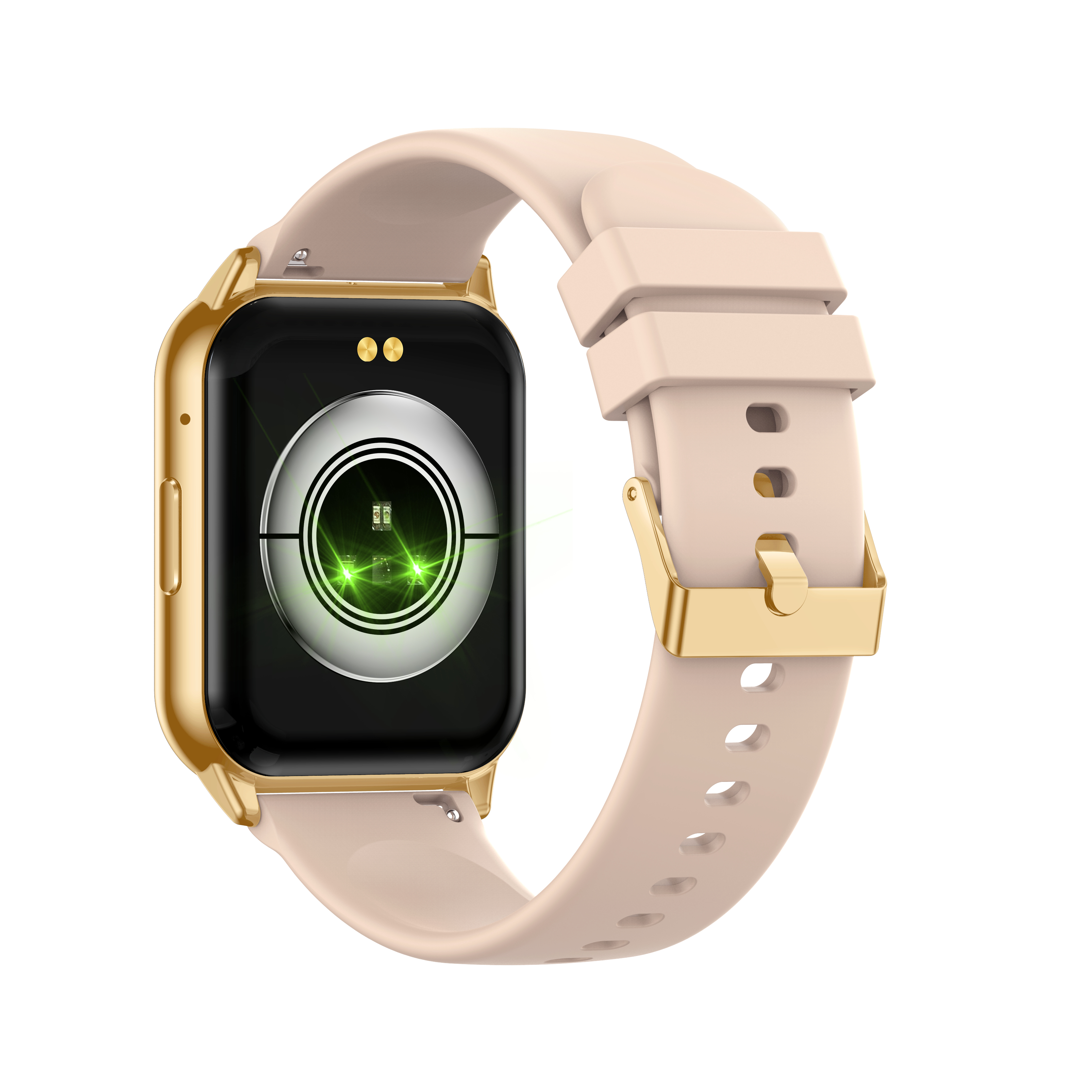 Smartwatch dorato con cinturino beige, retro con sensore di battito cardiaco.